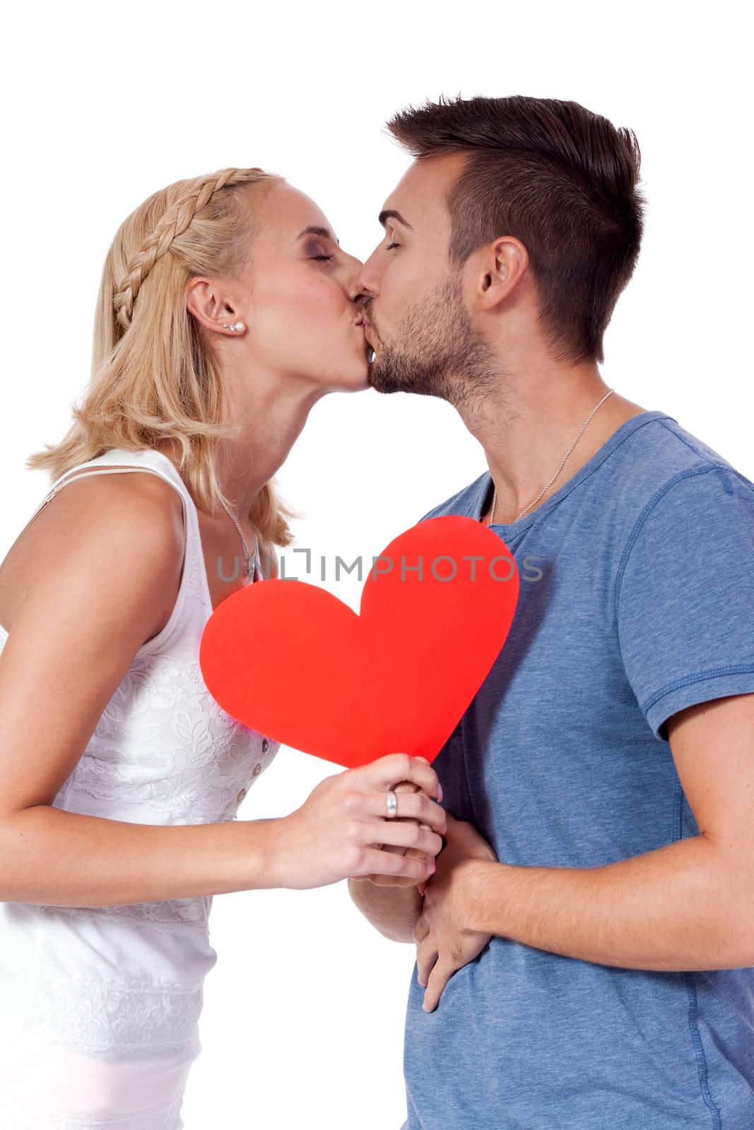 happy young couple in love with red heart valentines day  by juniart