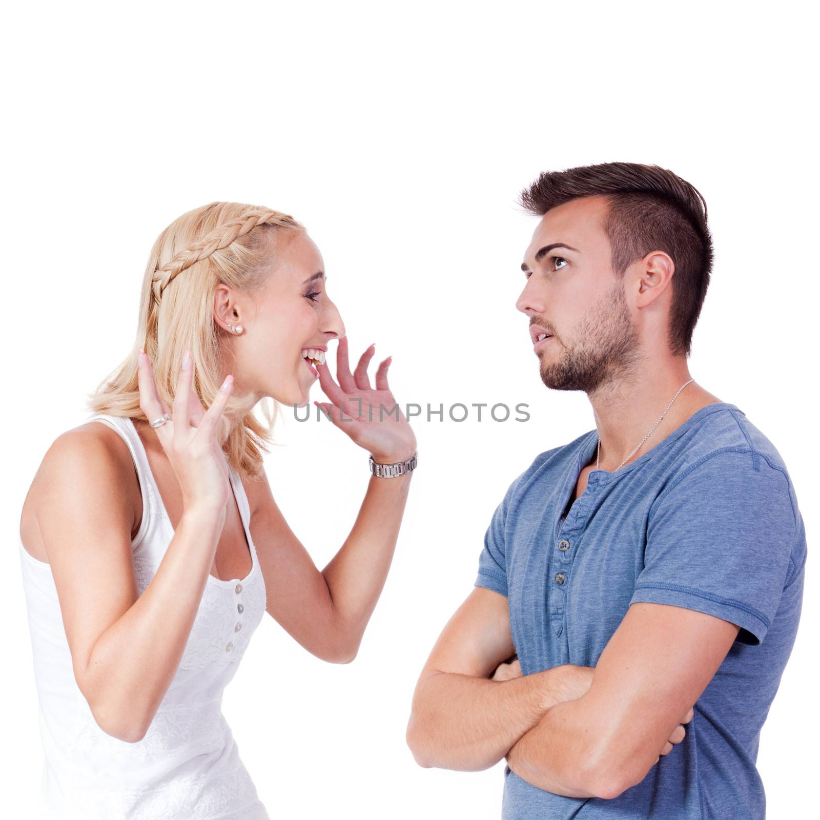 young attractive couple conflict angry problem isolated by juniart