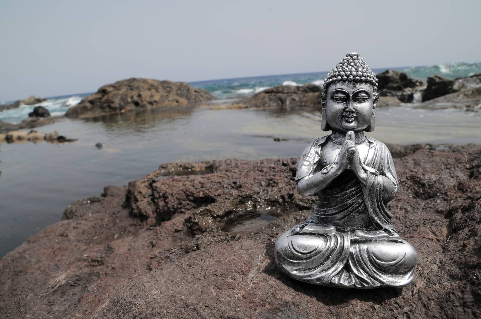 One Ancient Gray Buddha Statue Near The Ocean