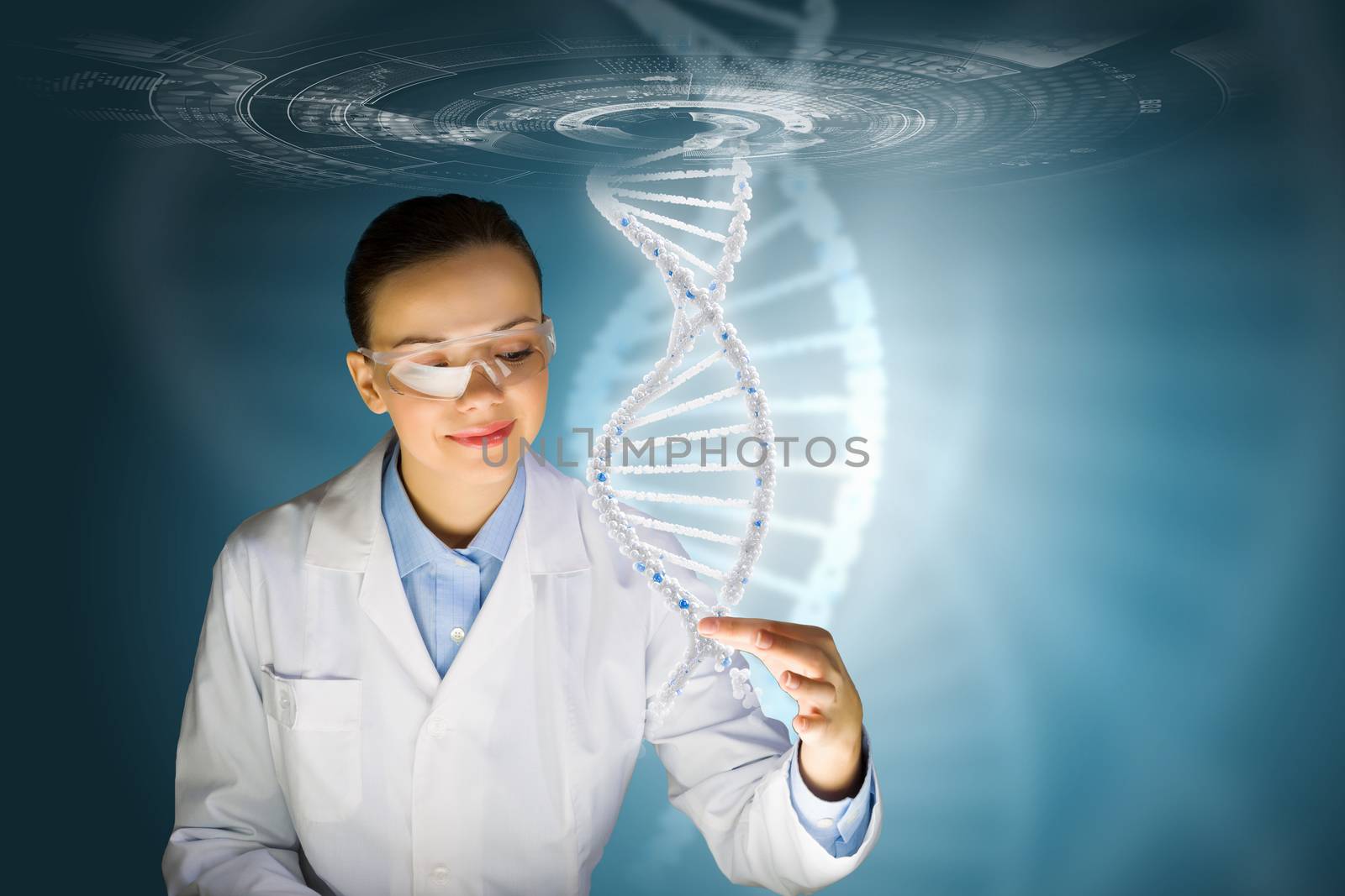 Woman scientist touching DNA molecule image at media screen