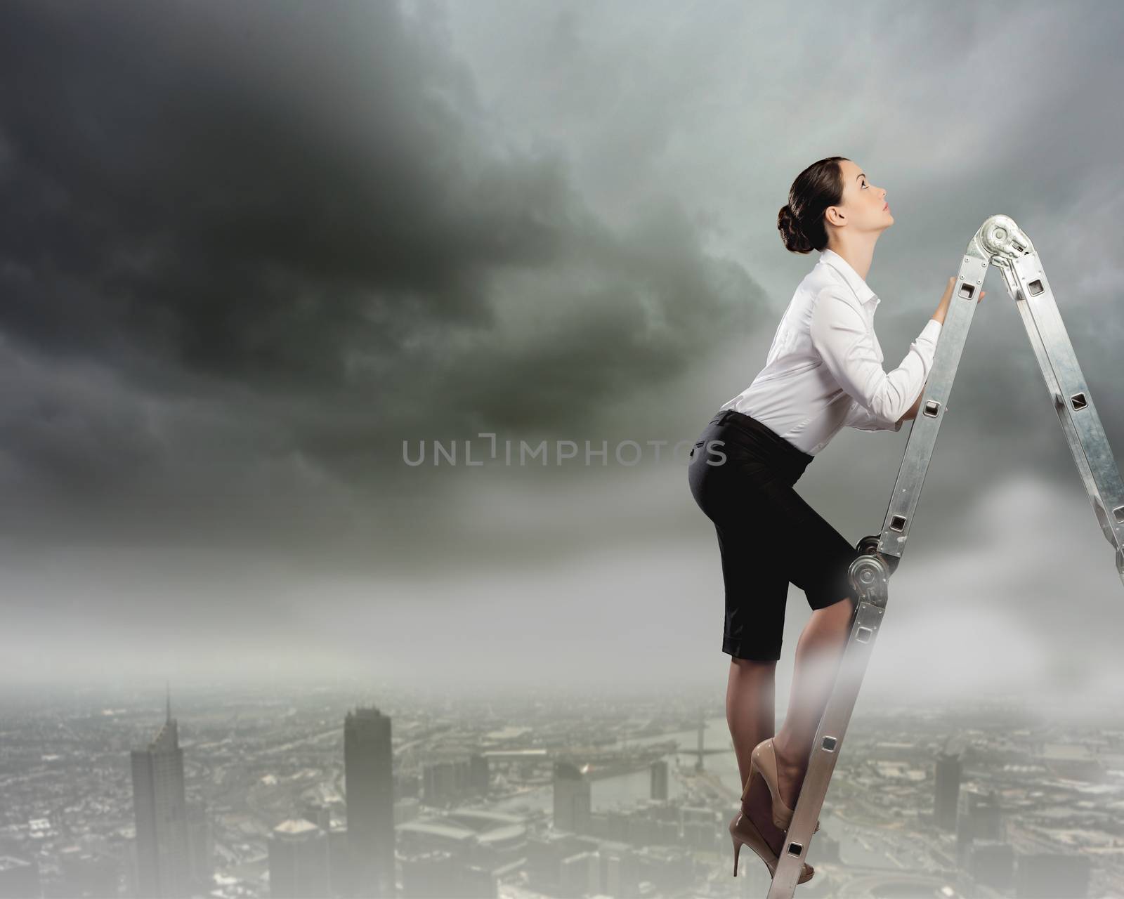 Image of young ambitious businesswoman climbing ladder. Promotion concept