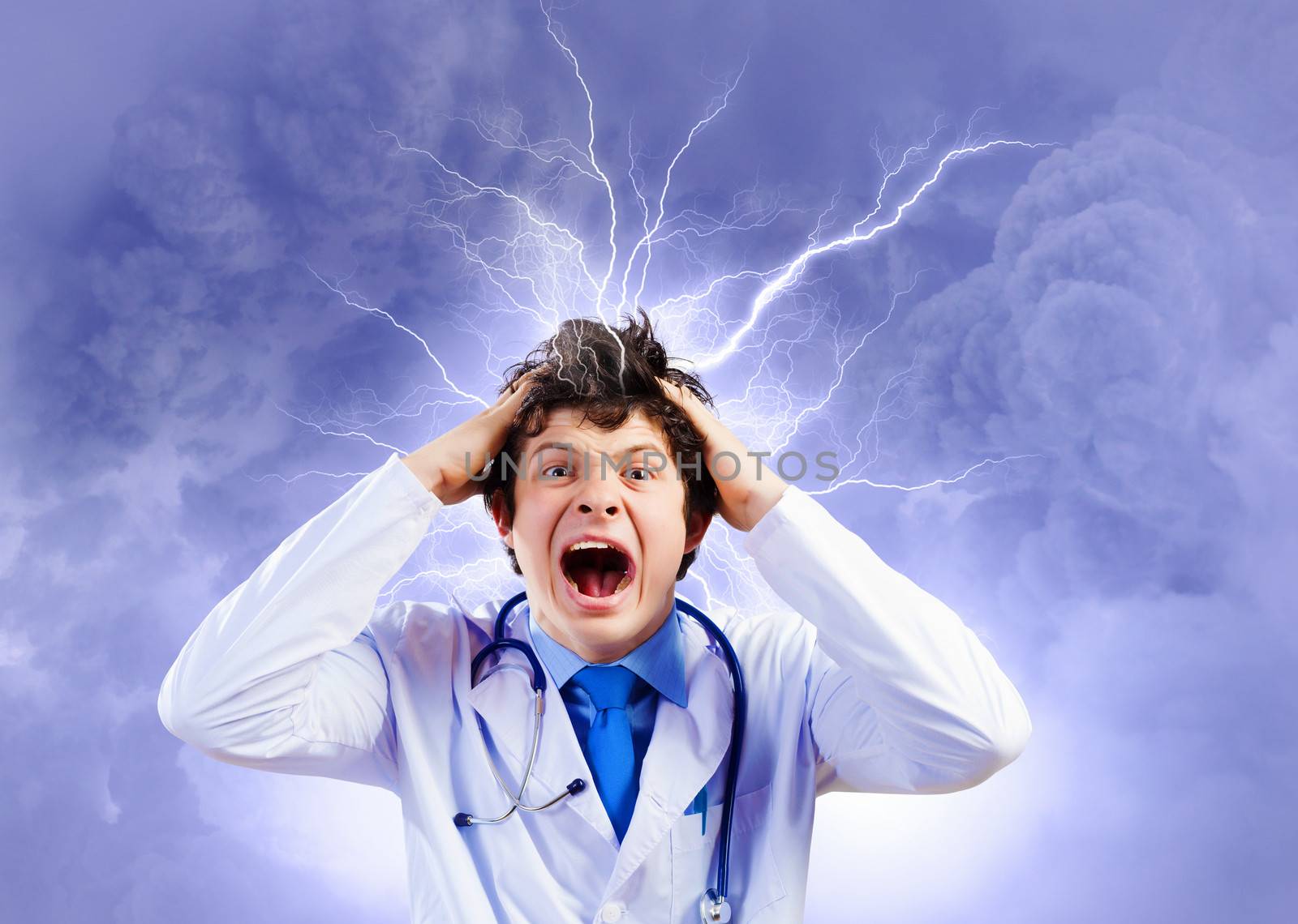 Image of young male doctor screaming in madness