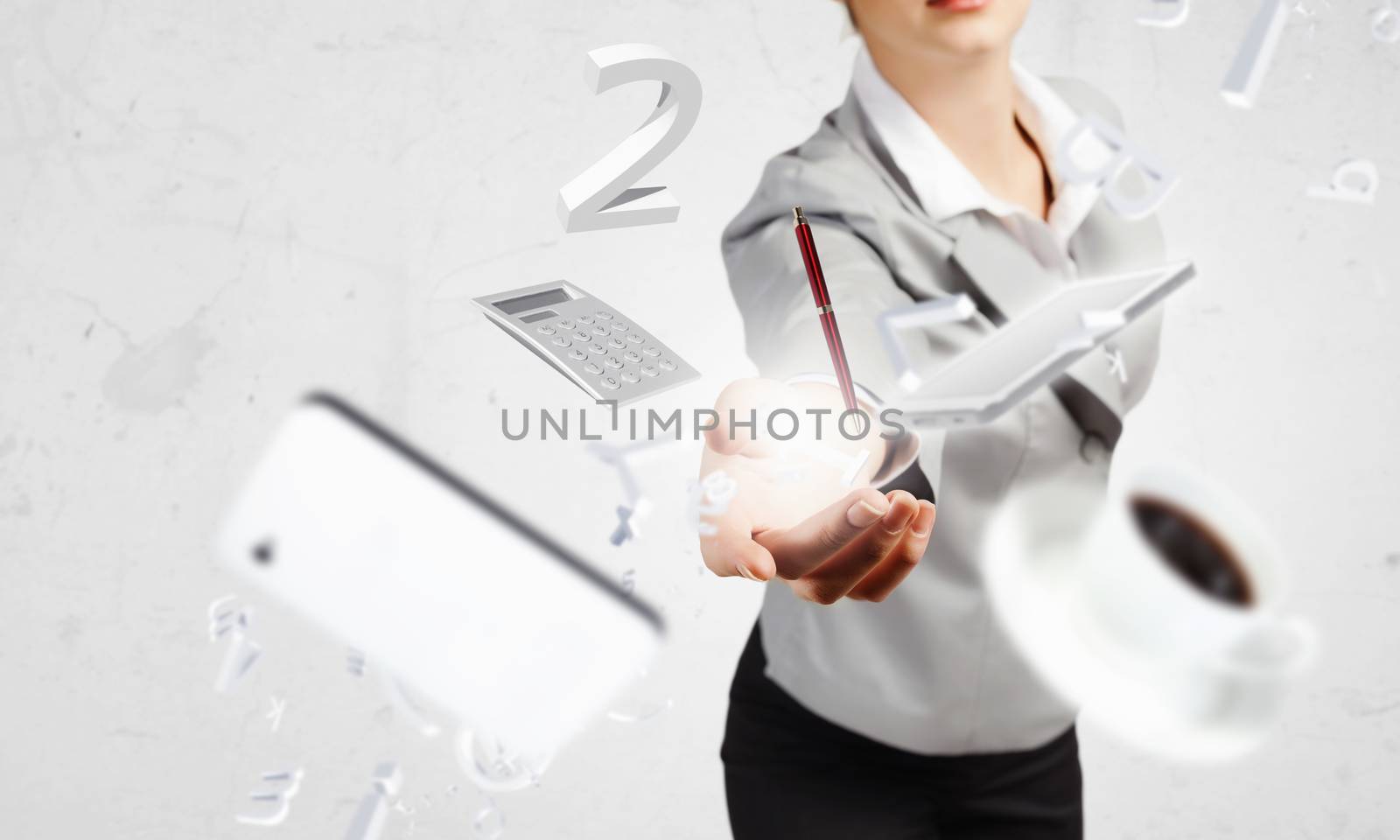 Businesswoman, secretary throwing devices. Office life concept