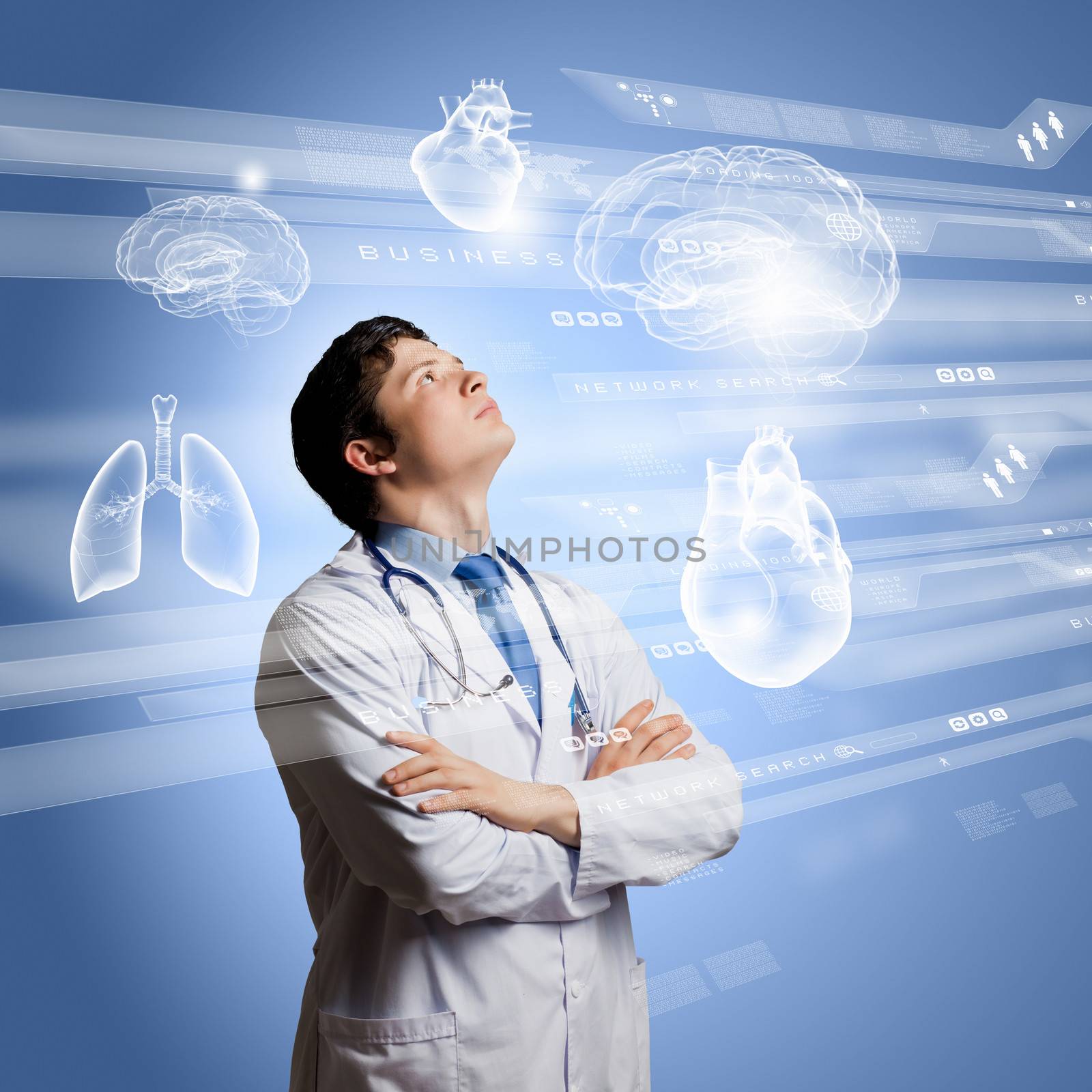 Young concentrated male doctor with arms crossed against digital background