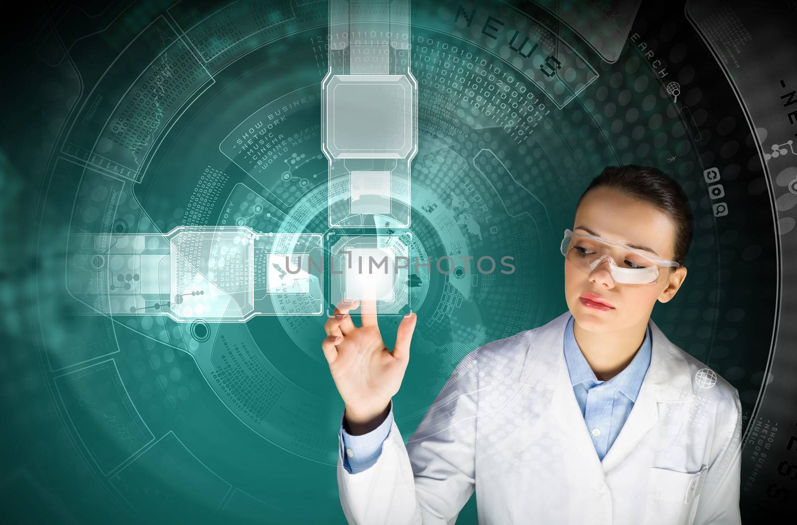 Image of young woman scientist touching icon of media screen