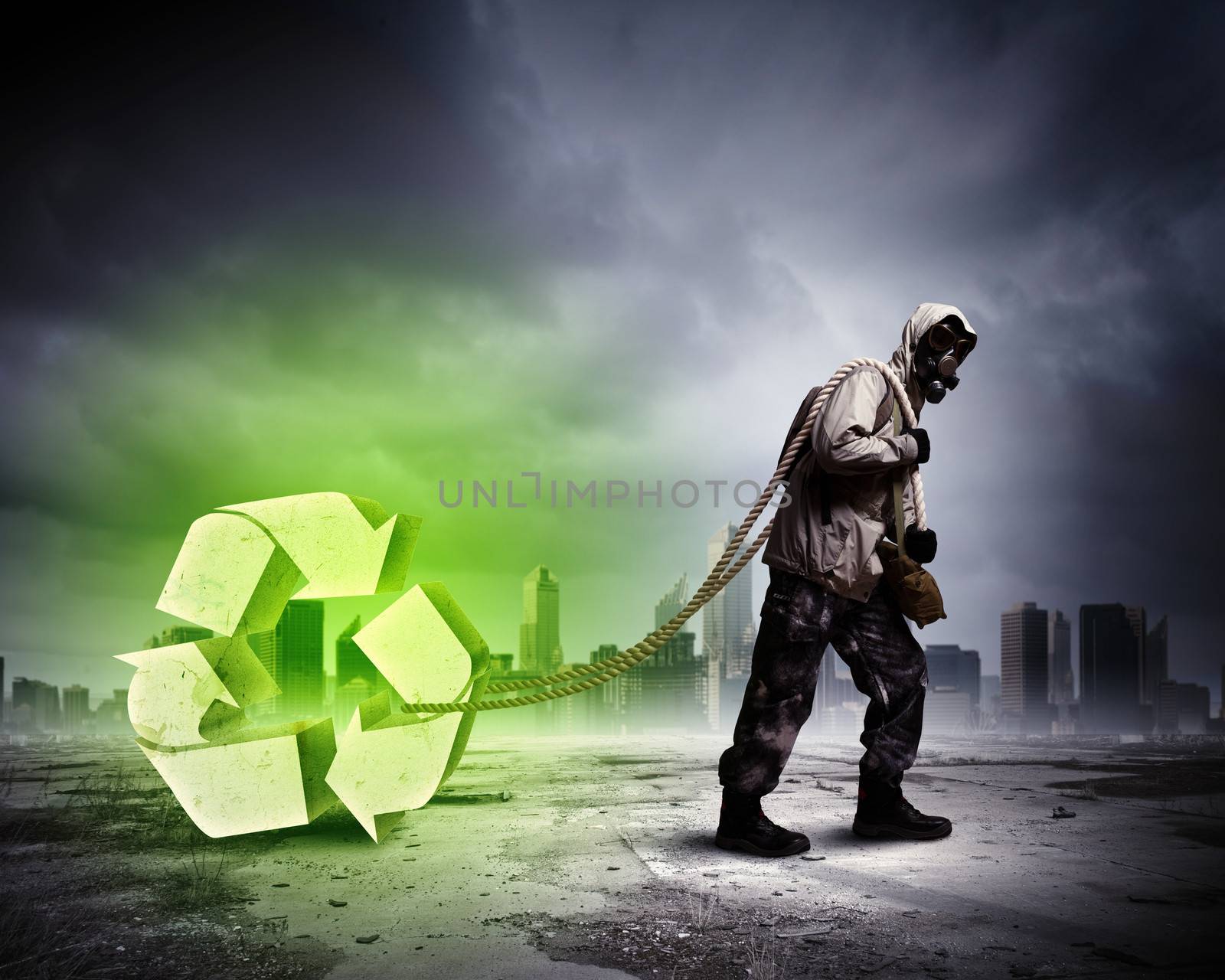 Stalker against nuclear background. Disaster and pollution. Recycle concept