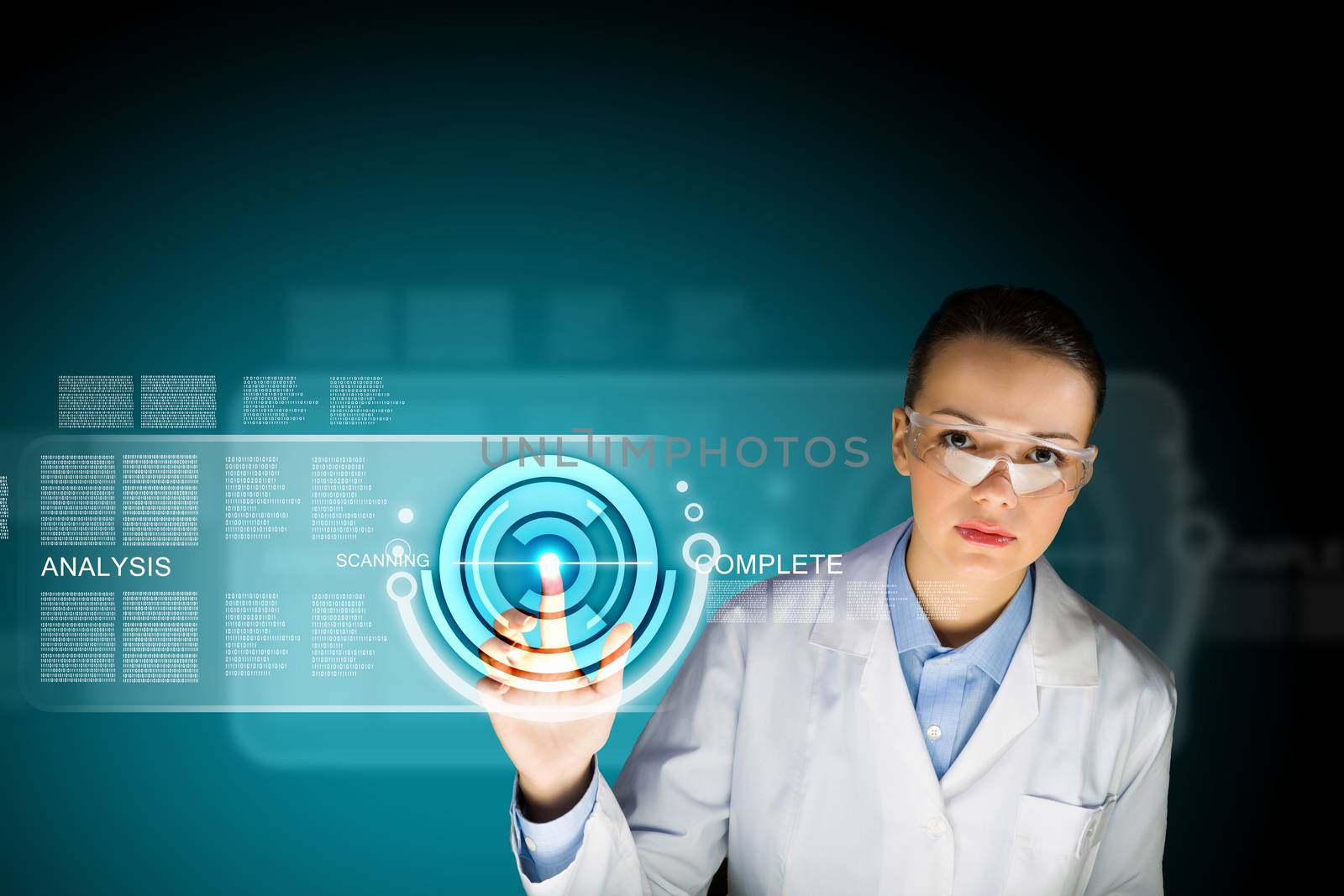 Image of young woman scientist touching icon of media screen