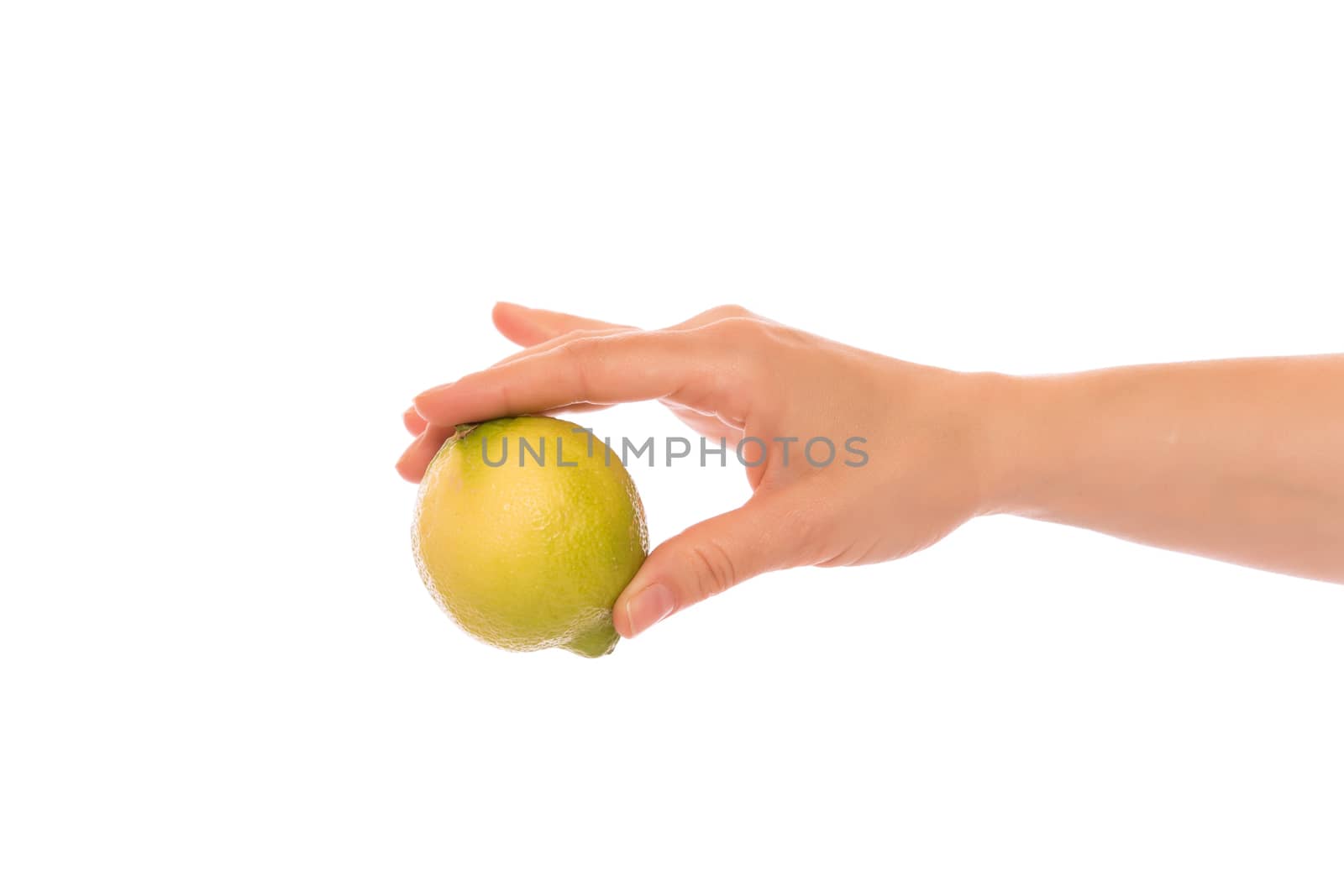 Hand with lemon isolated on white background