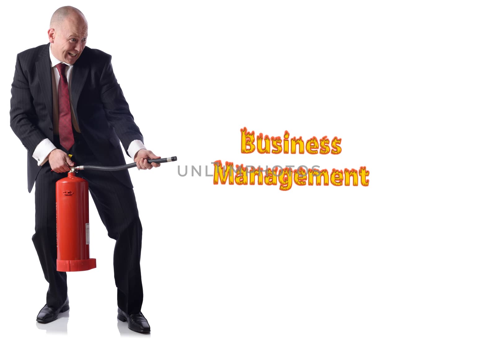 Businessman with fire extinguiser isolated on white. concept of putiing out fires resolving problems in buisness.