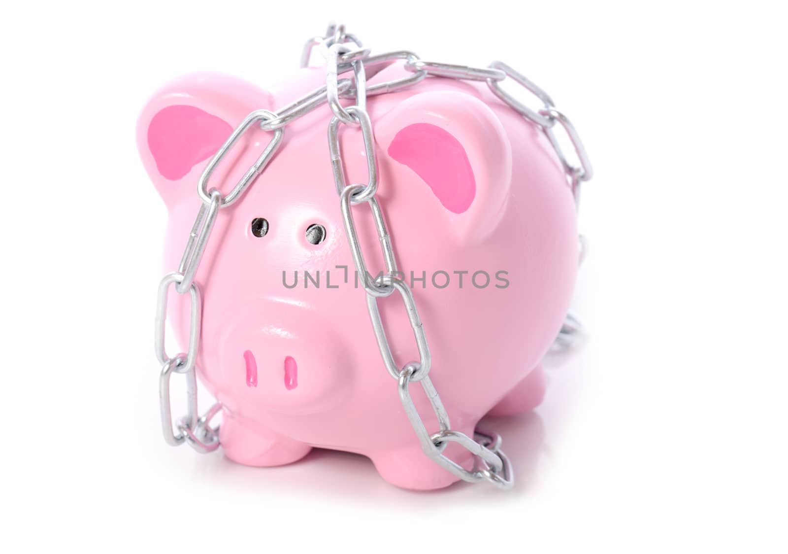 piggy bank wrapped in chains concept of lock out of money or finacial security on white background