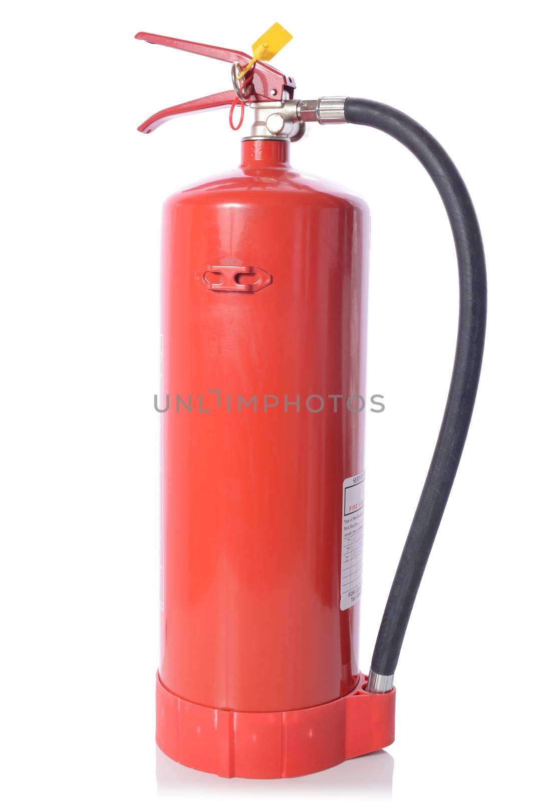 A red fire extinguisher with inspection label isolated on white background

