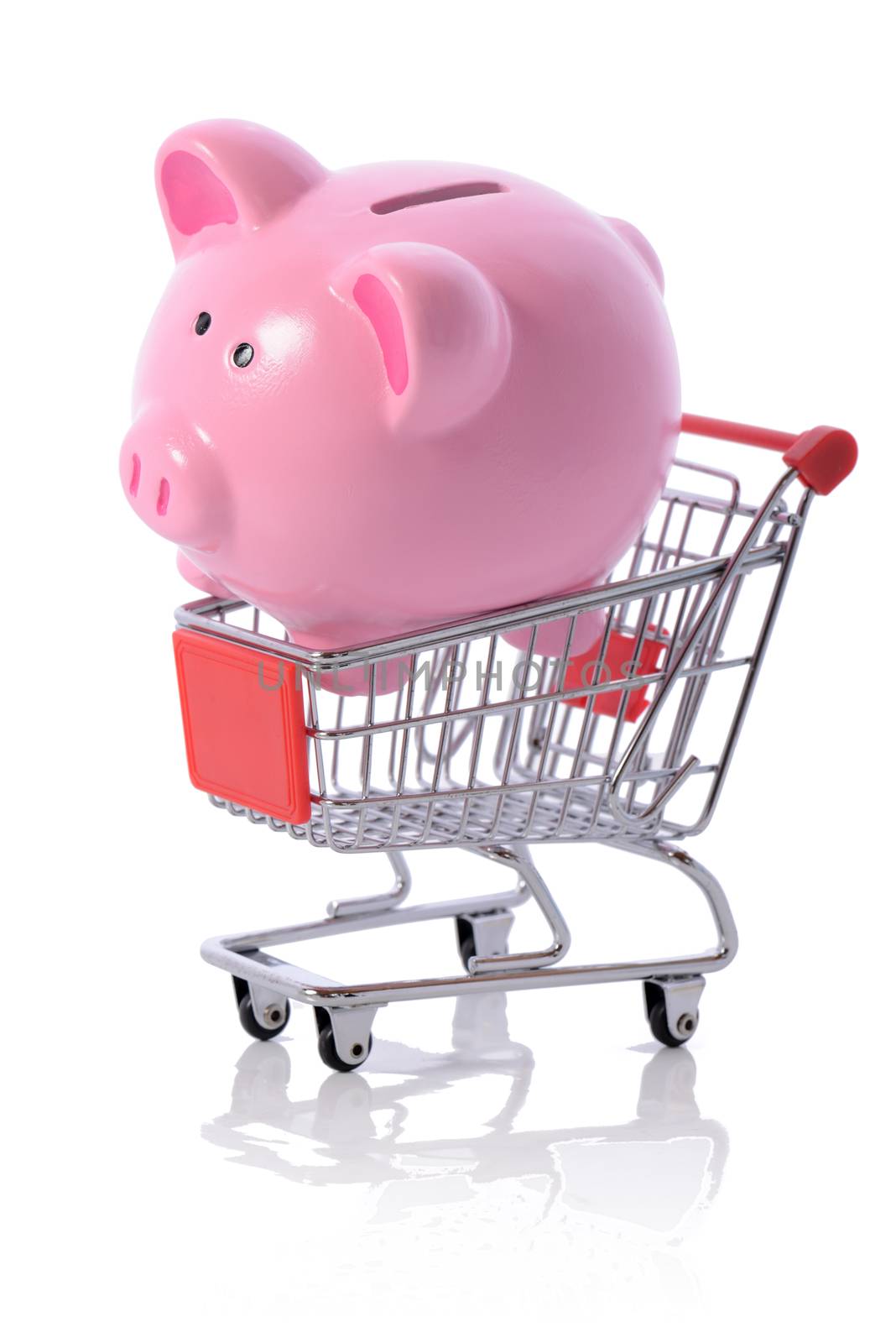 Concept of savings on shopping, piggy bank in a shopping trolly isolated on white