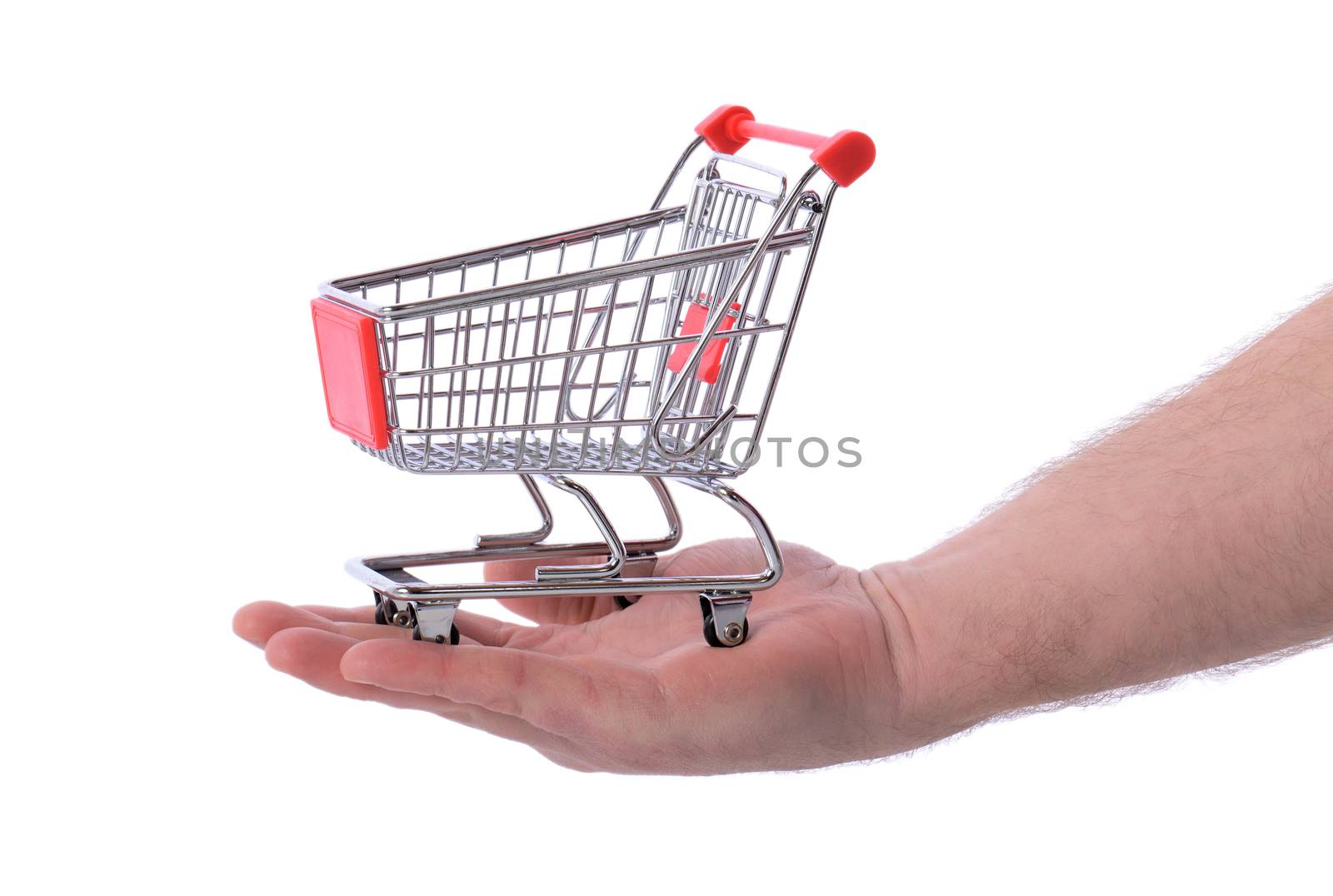 Hand holding shopping cart trolly isolated on white, concept of shopping at your finger tips