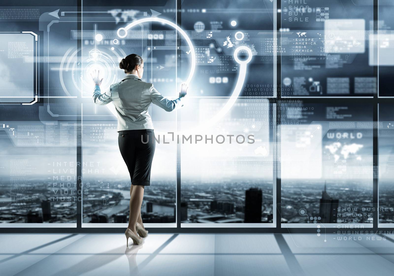 Image of businesswoman pushing icon on media screen