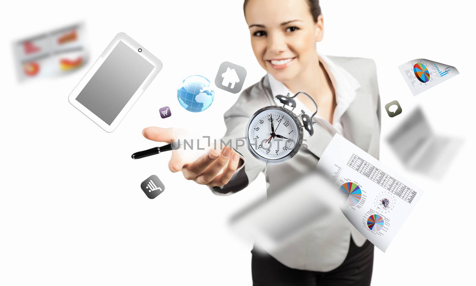 Businesswoman, secretary throwing devices. Office life concept