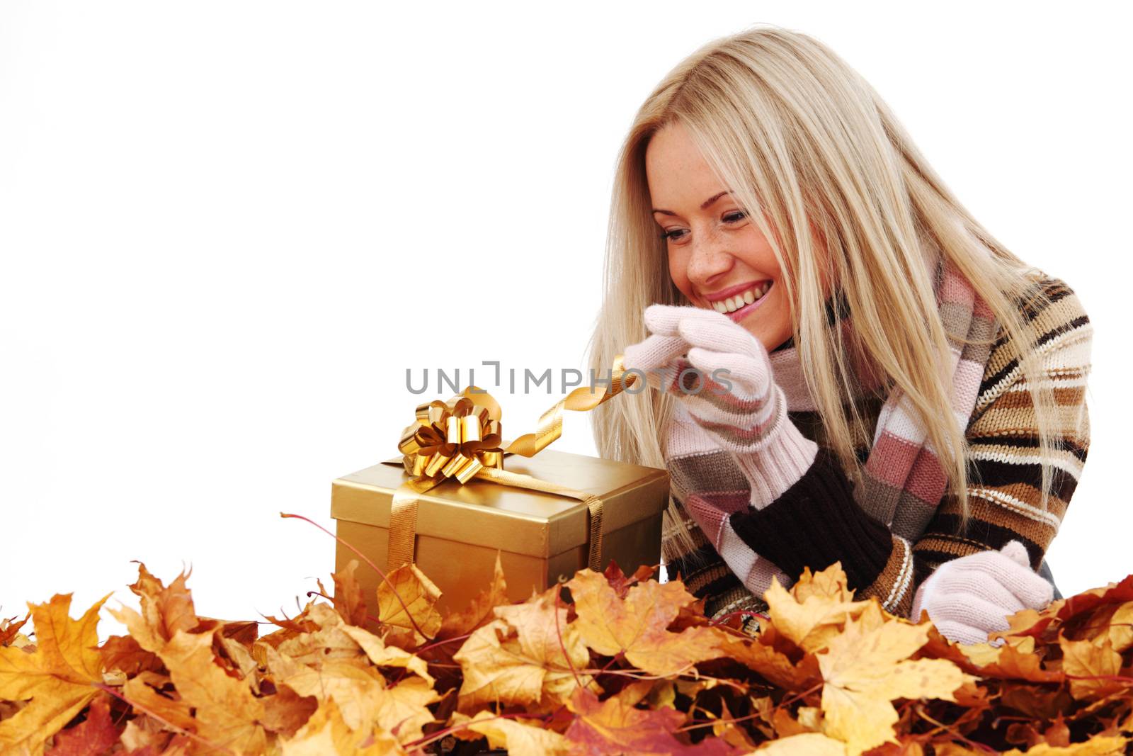  woman take autumn gift isolated in studio