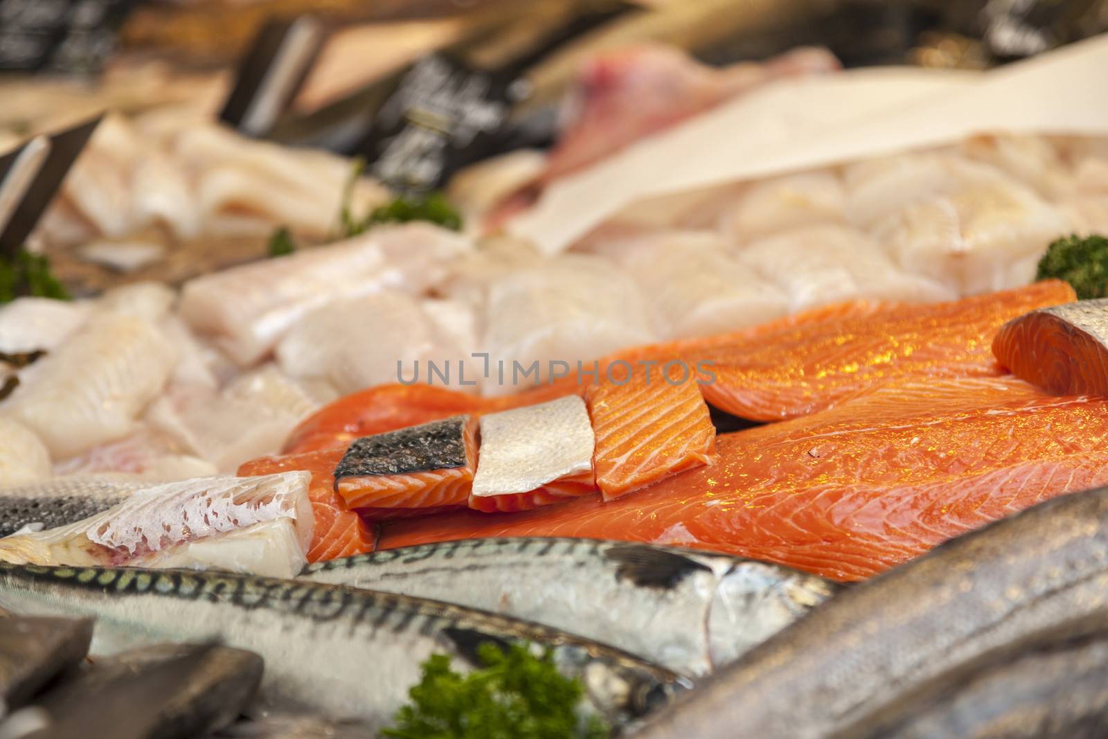 Detail of various pieces of fish meat on a market stand.