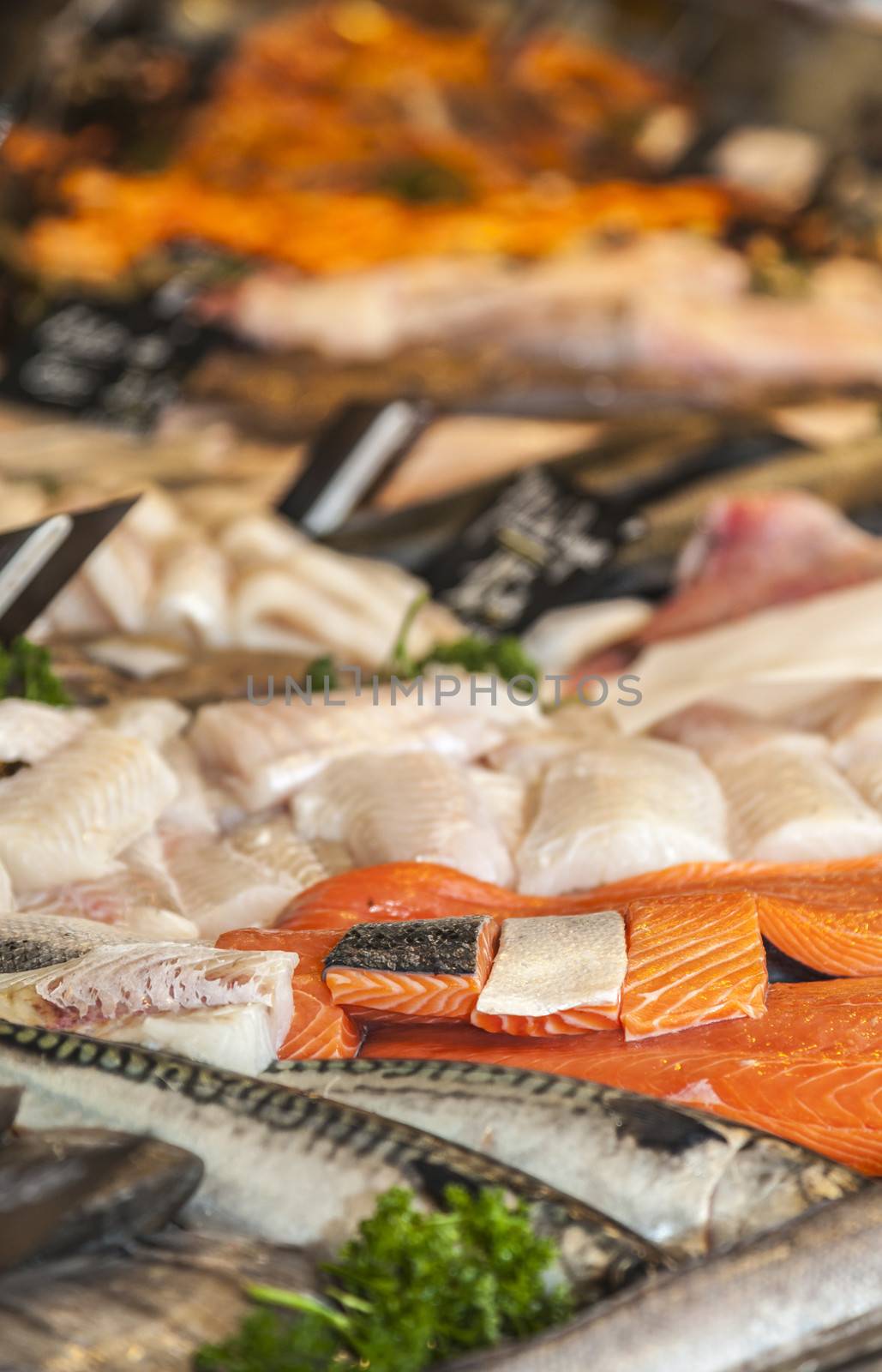 Detail of few pieces of salmon meat on a various types of fish meat on a market stand.