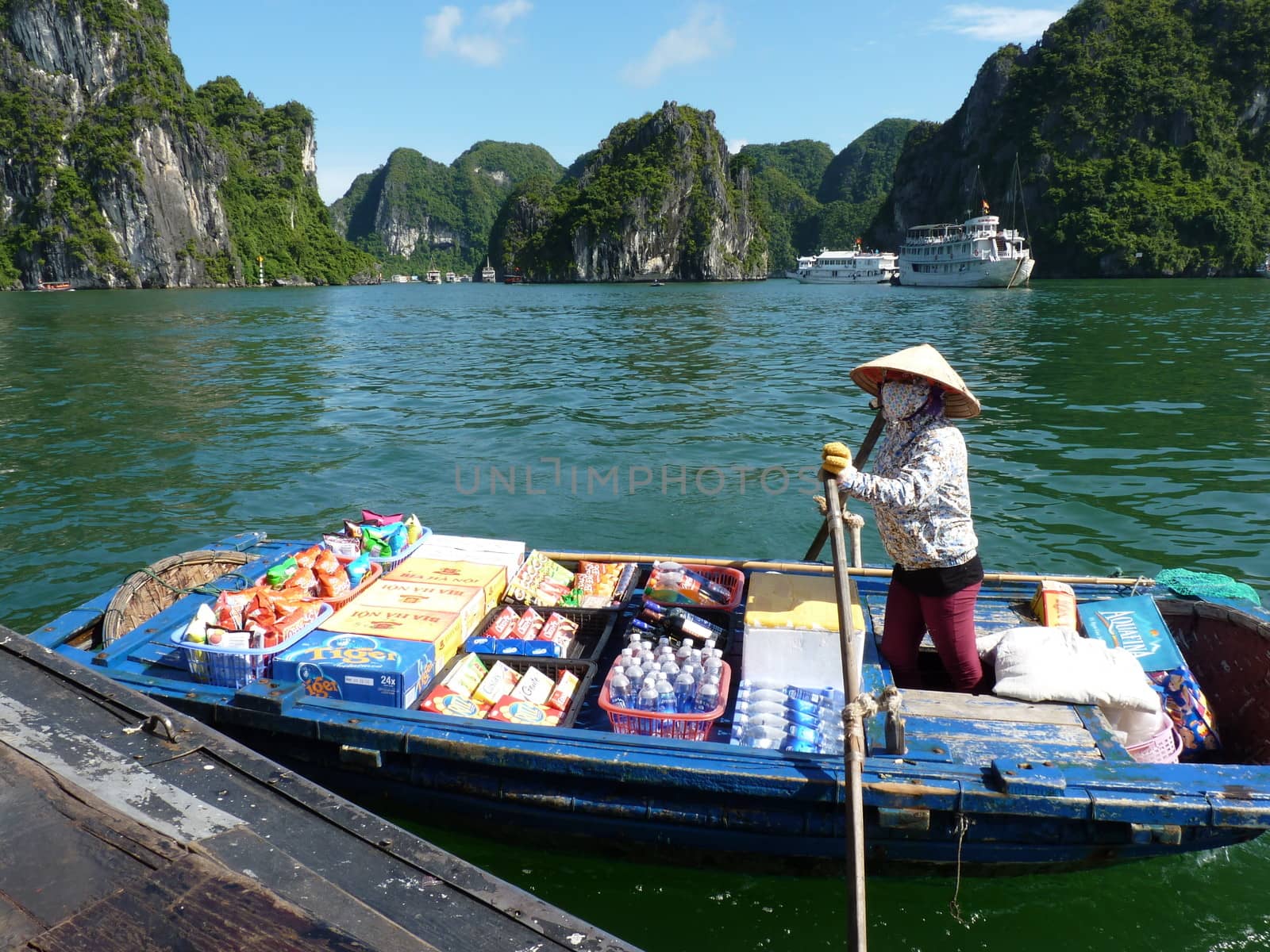 Seller on her boat in Halong Bay, Vietnam