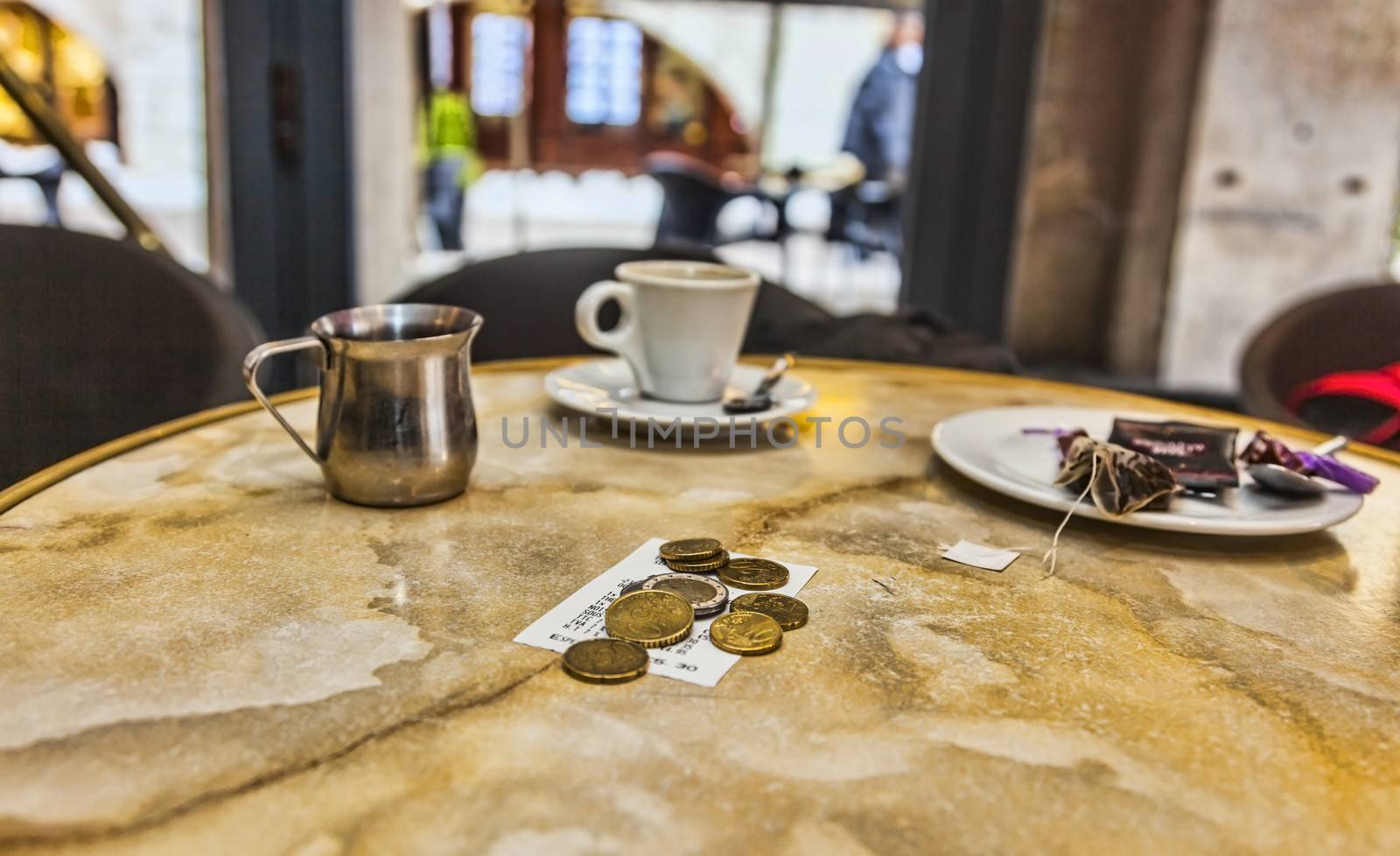Few coins and the bill on a coffee table after the clients have left.