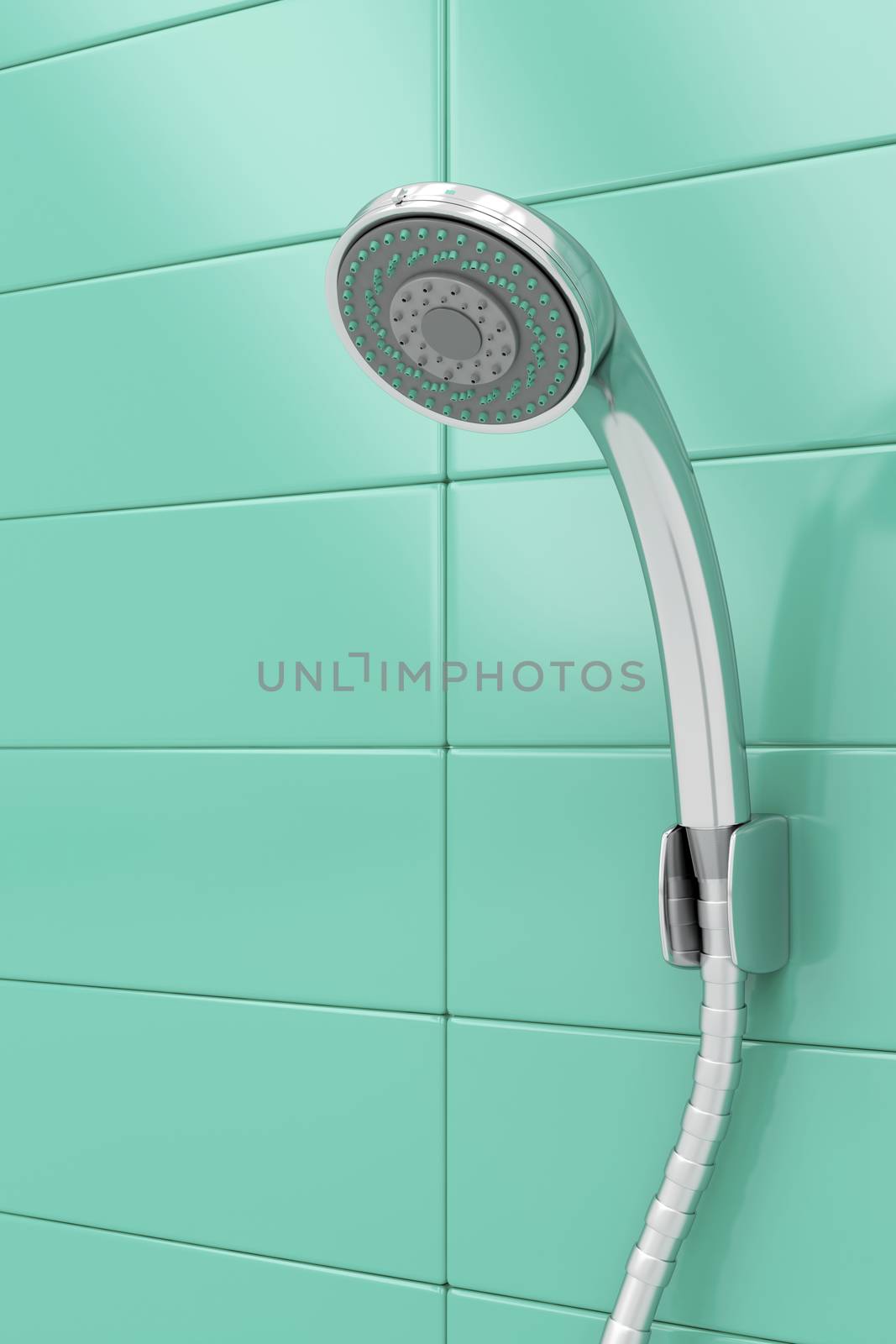 Chrome shower head on green tiles