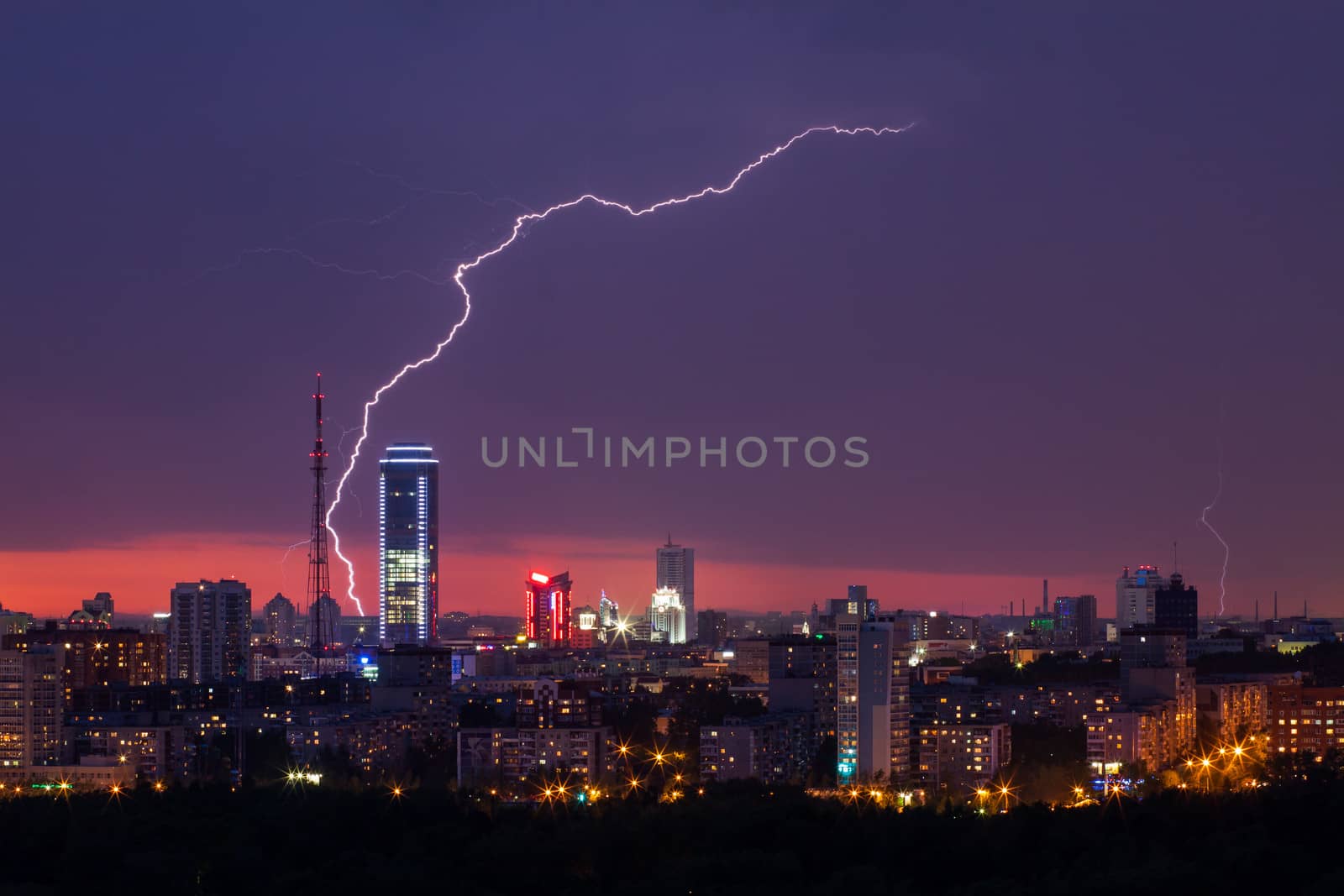 lightning storm over city at night