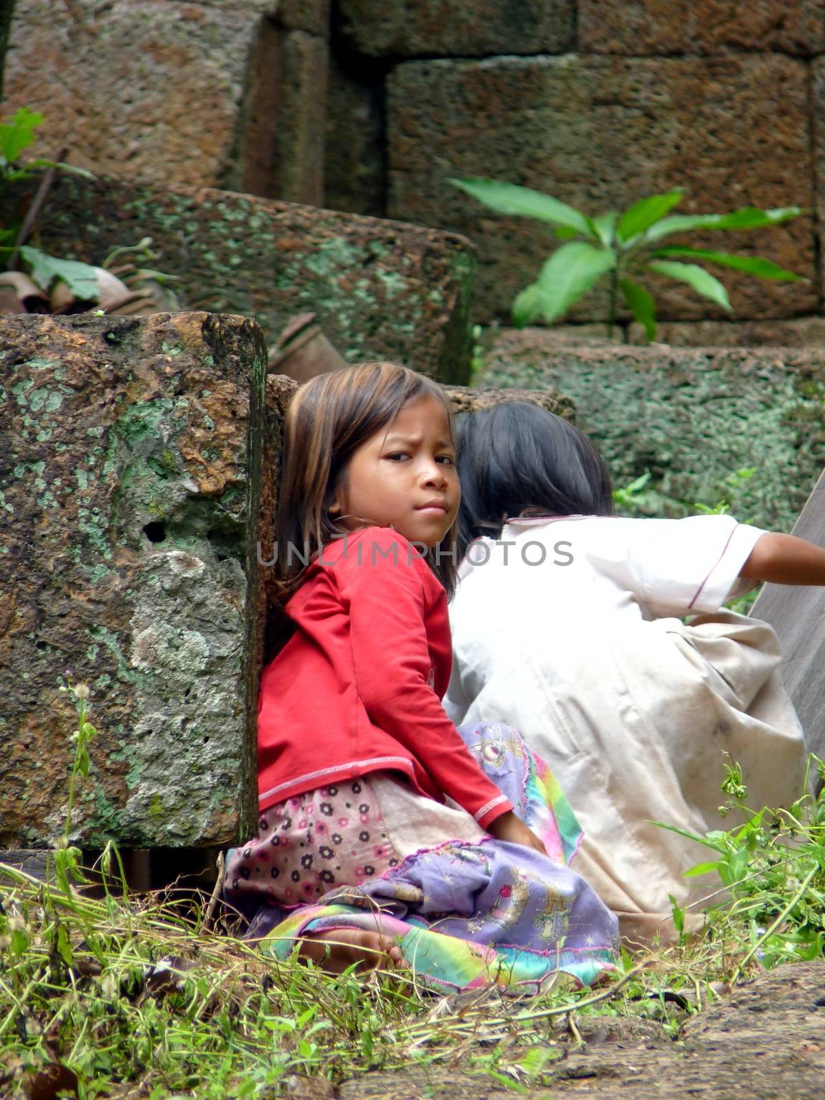 Cambodian young girls at Banteay Srei ruins temple in Siem reap, Cambodia