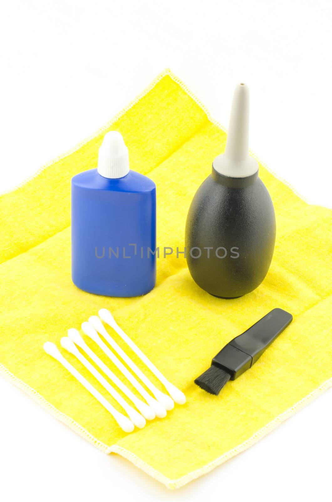 cleaning camera lens set isolated on white background