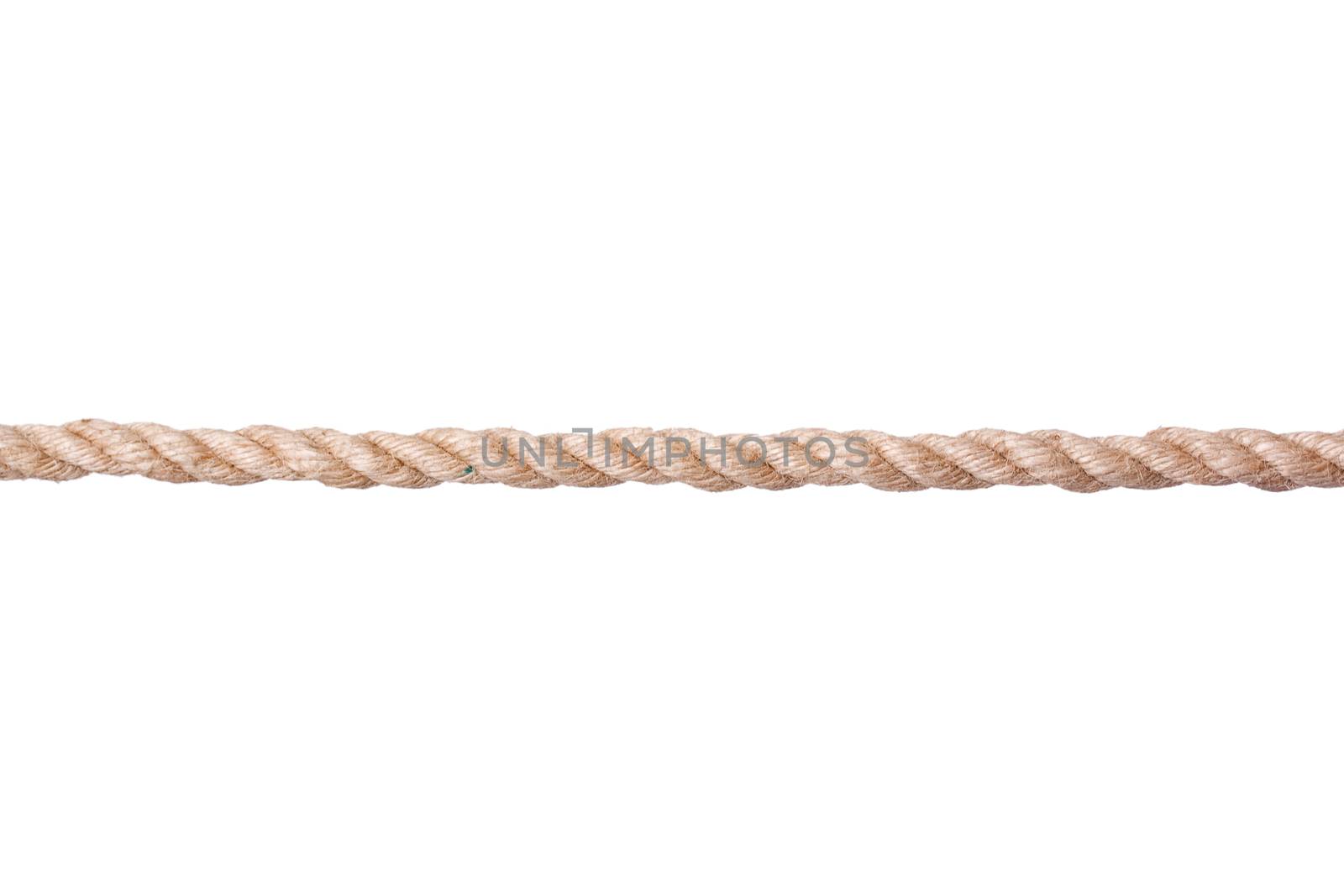 A straight line of twisted manila rope isolated on a white background.