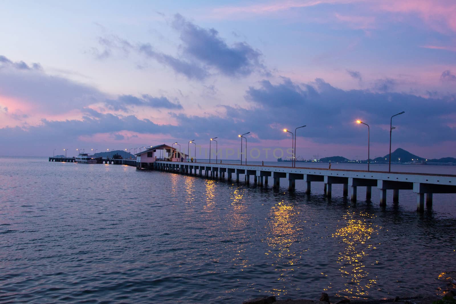 Sunset with ship port and sky landscape