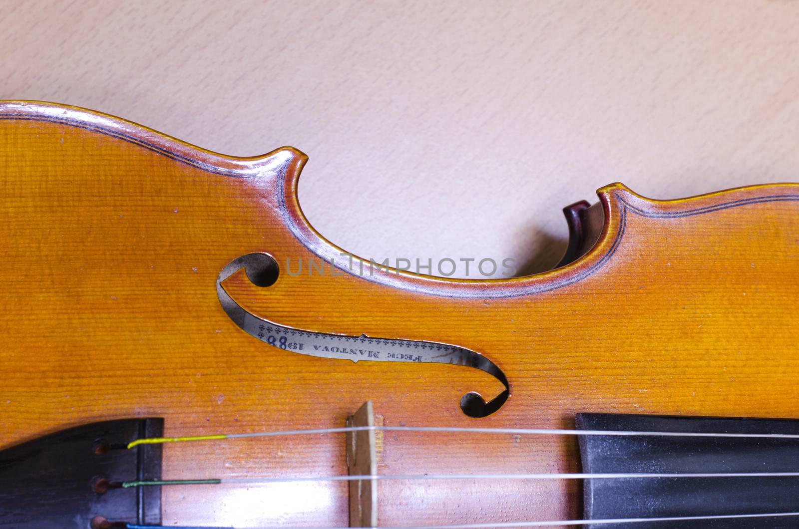 single soft brown violin with brown wallpaper