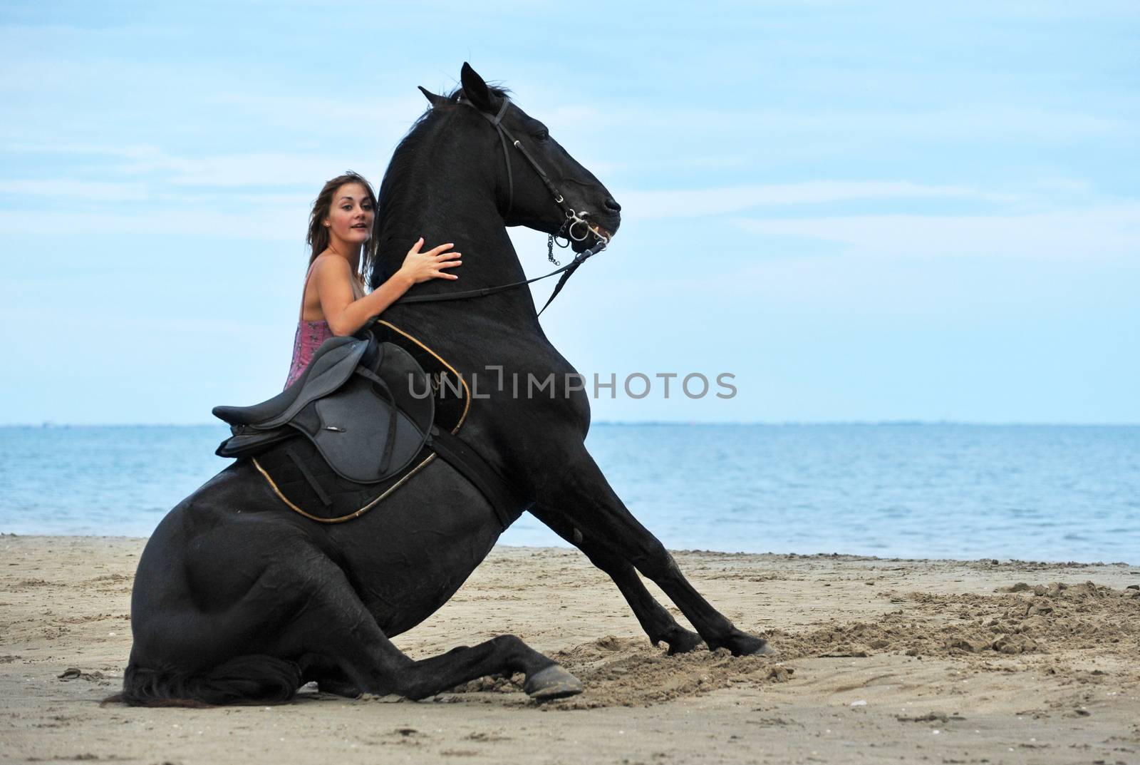 sitting black stallion on the beach with young woman