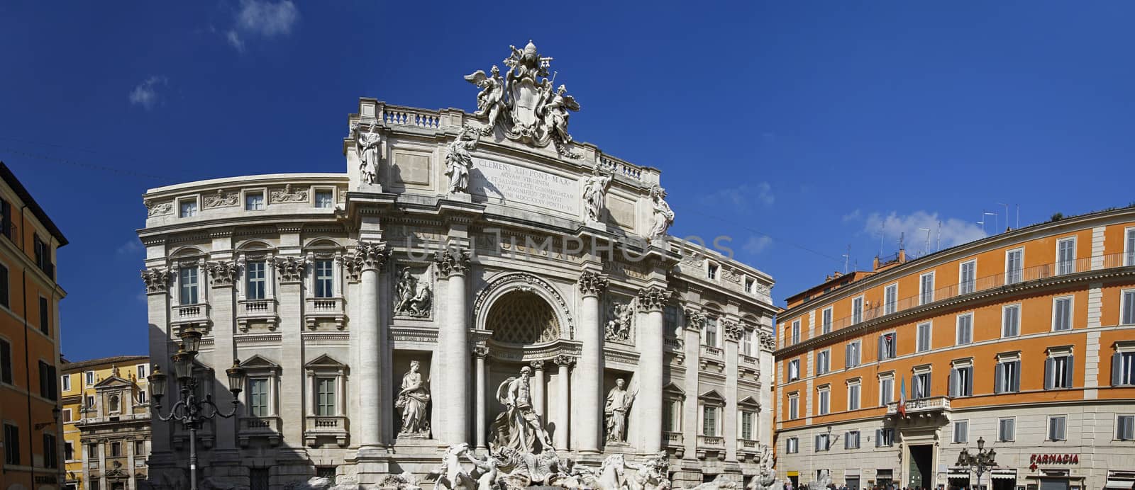 View of the most famous fountain of the world, Fontana di Trevi, Rome, Italy.