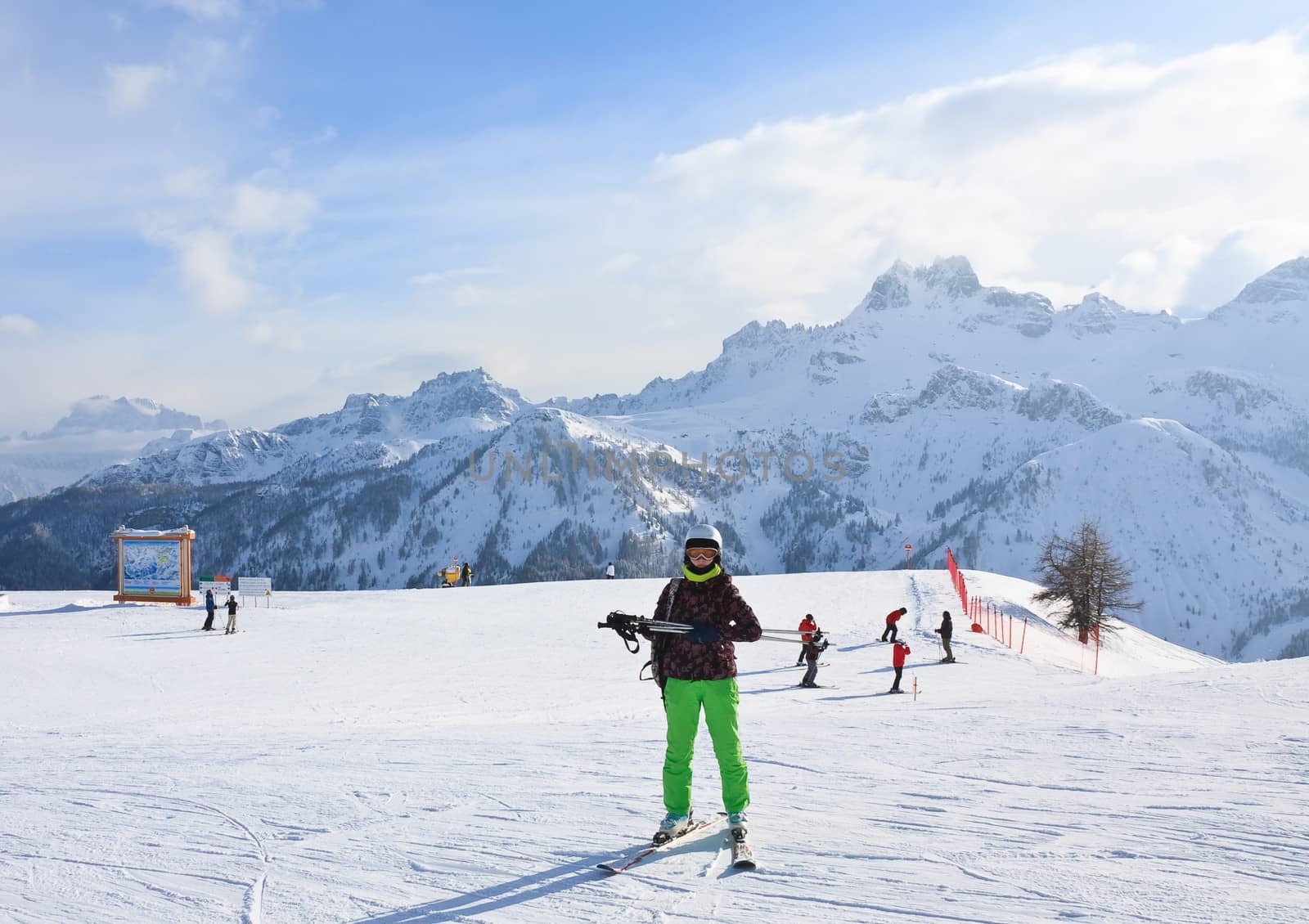 Alpine skier. Ski resort of Selva di Val Gardena, Italy