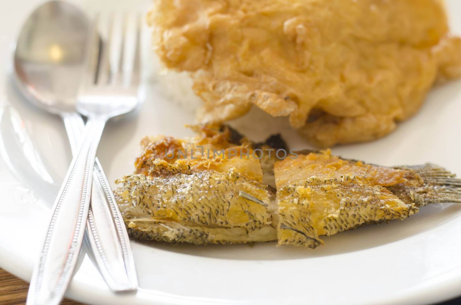 fried fish and omelet in dish with spoon and fork