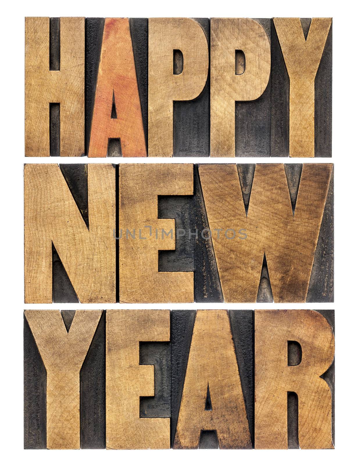 Happy New Year greetings or wishes - isolated text in vintage letterpress wood type blocks