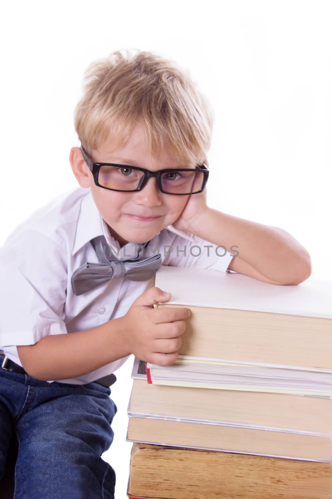 Boy in glasses with pile of books by Angel_a