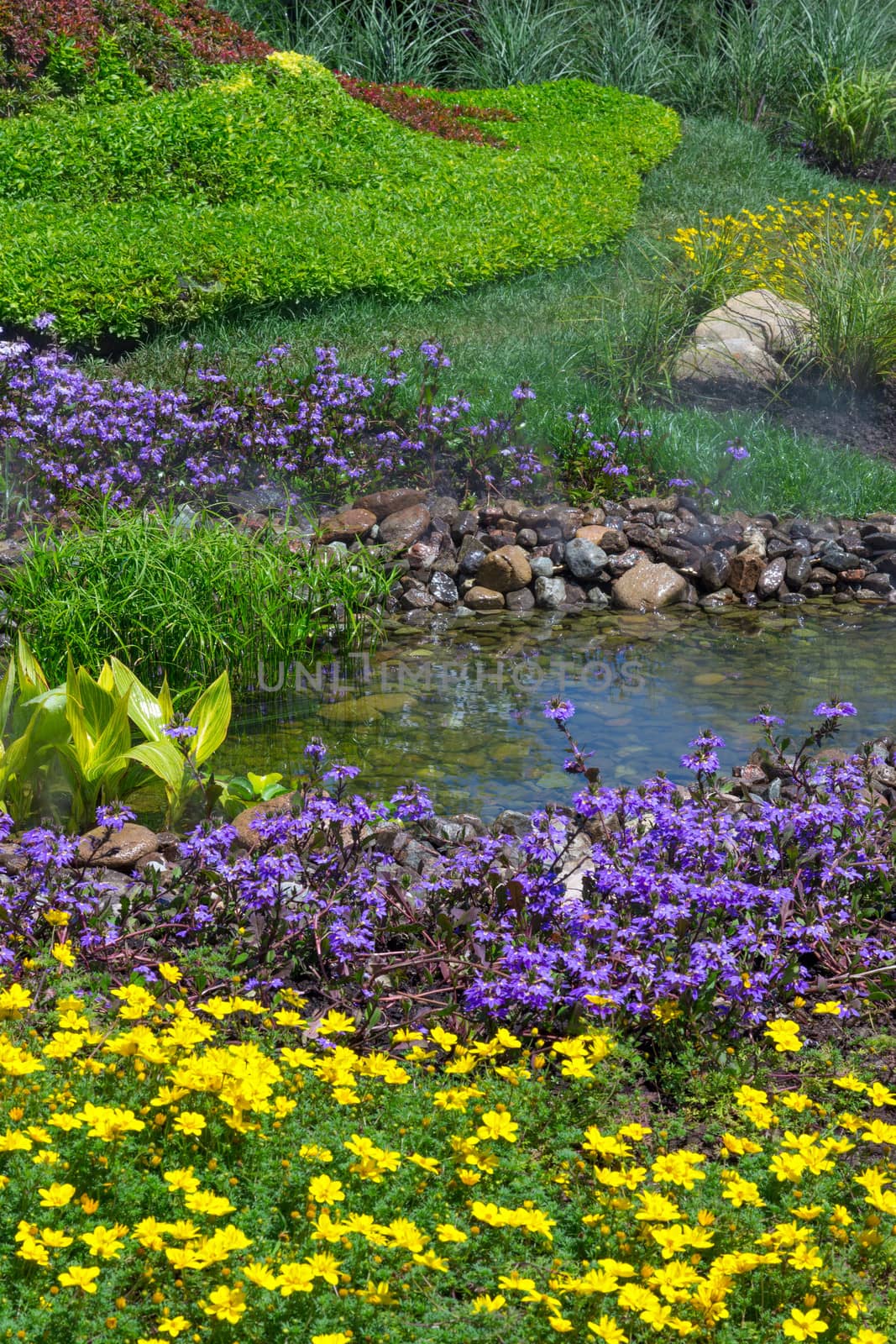 Beautifully landscaped garden with stones, water and a variety of flowers.