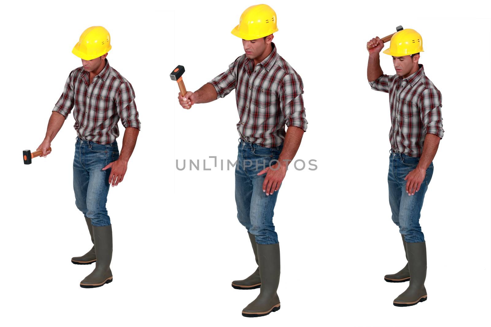 Multiple shot of handyman with hammer