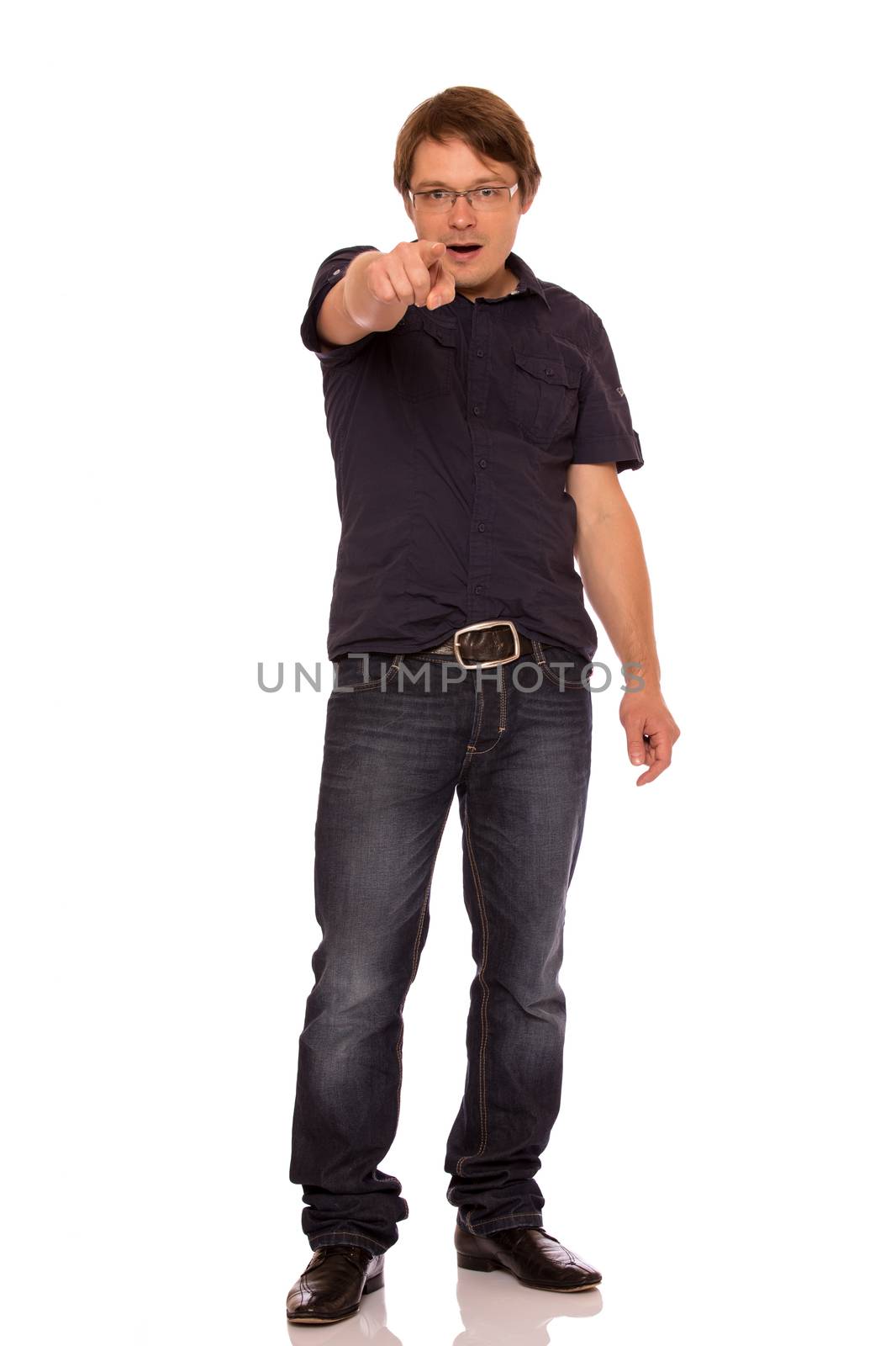Man with glasses pointing the finger. Isolated on white background