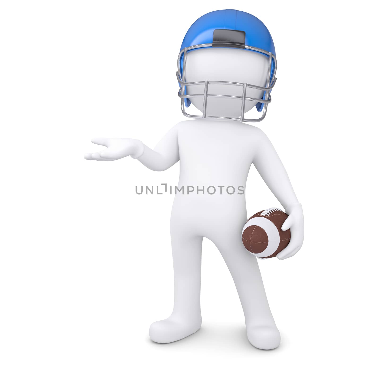3d man in a football helmet holds an empty hand. Isolated render on a white background