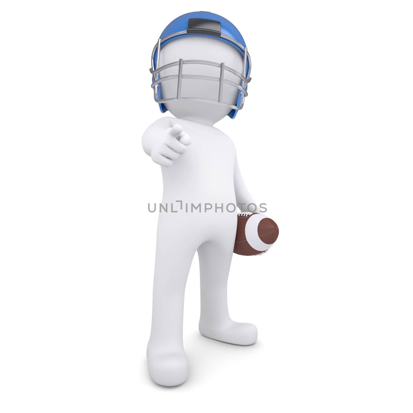 3d man in a football helmet points finger at the viewer. Isolated render on a white background