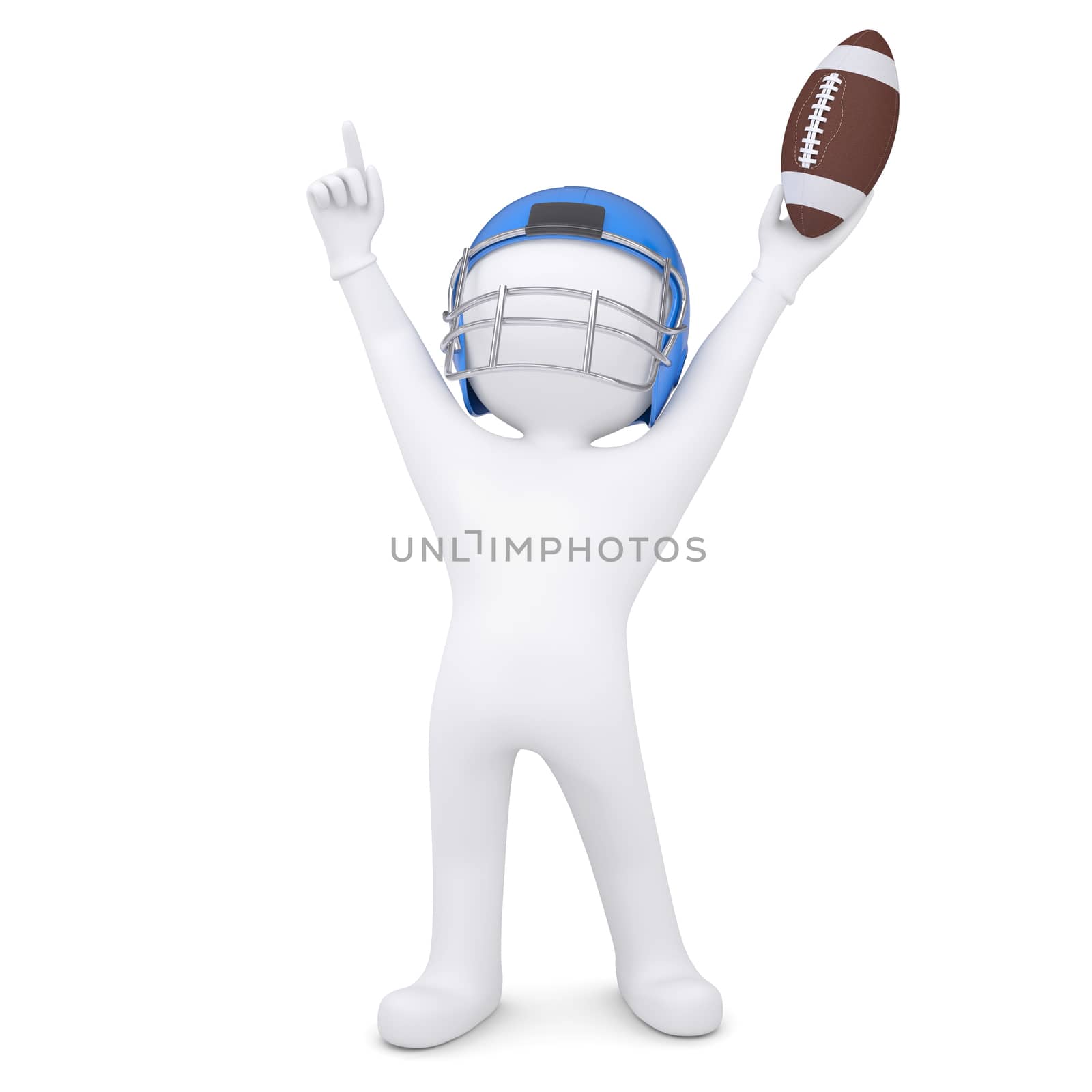 3d man in a football helmet raised his hands up. Isolated render on a white background