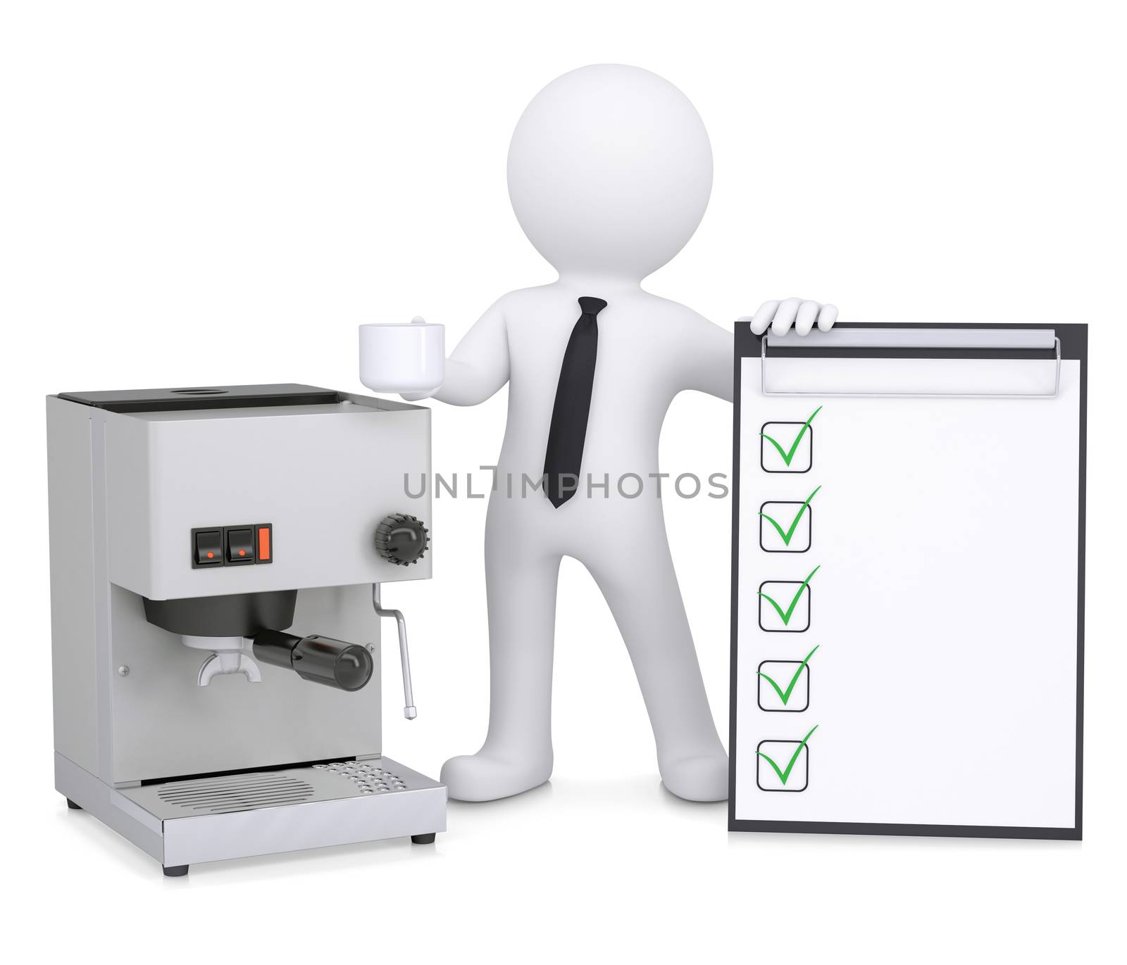 3d white man with coffee machine and checklist by cherezoff