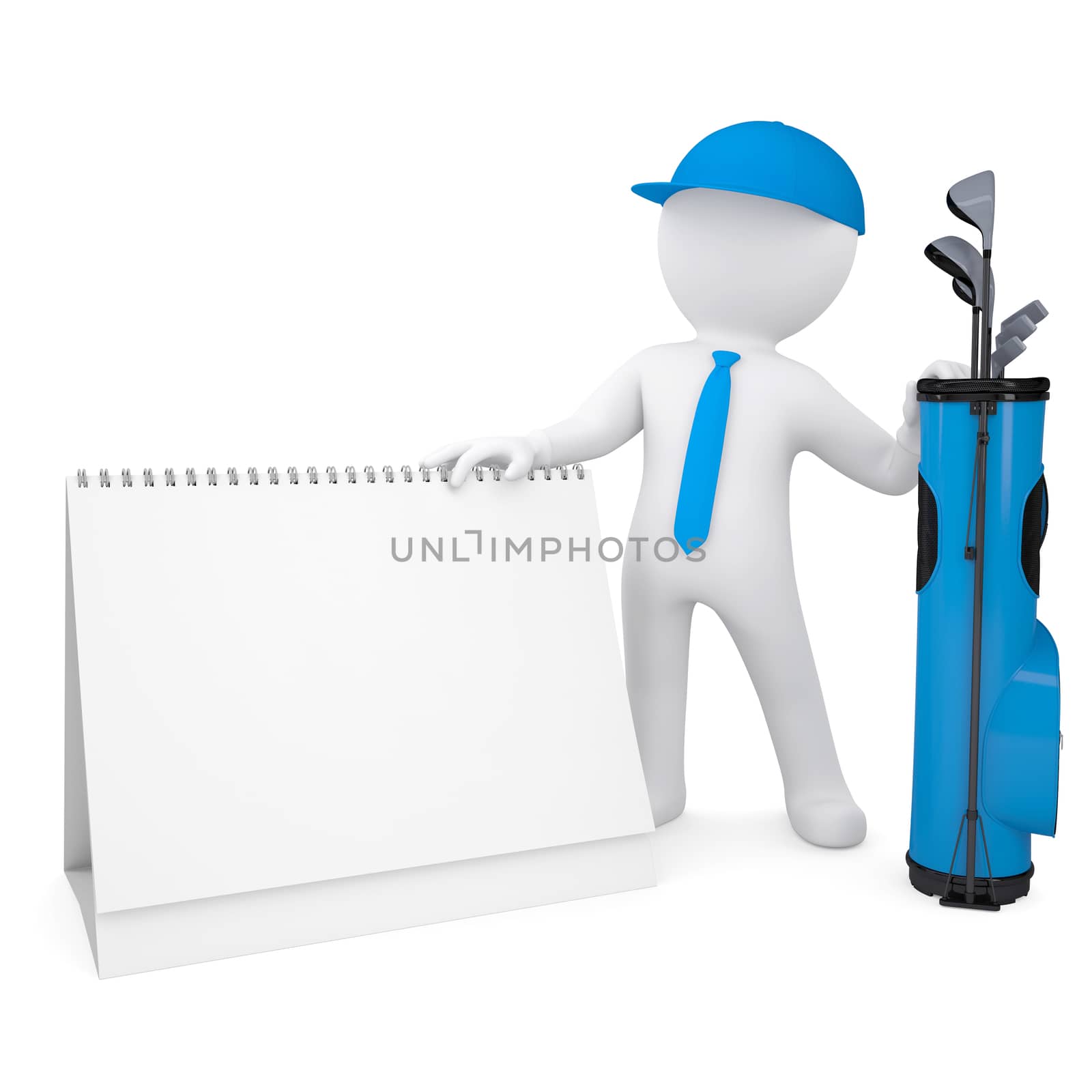 3d white man with a bag of golf clubsholding a calendar. Isolated render on a white background