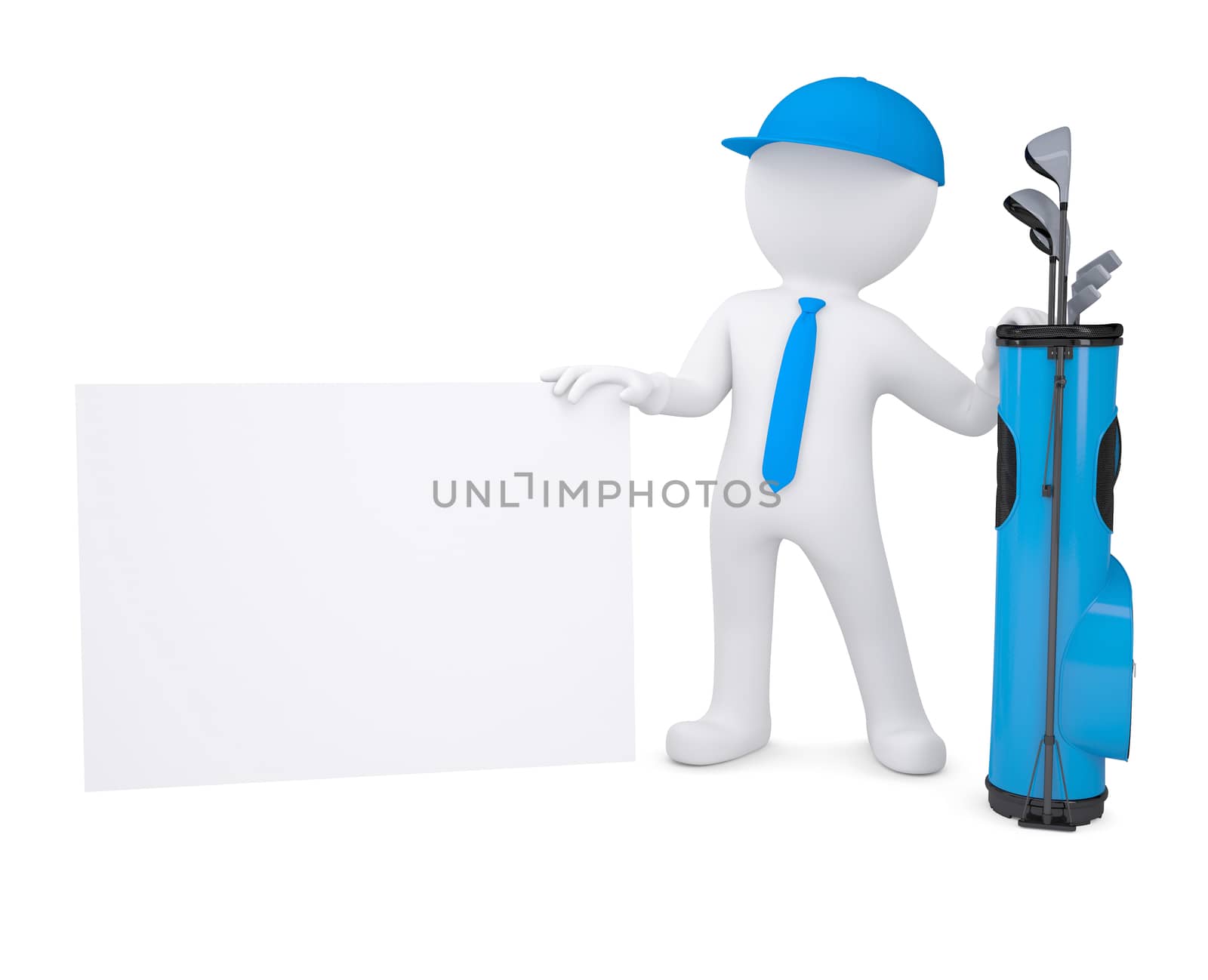 3d white man with a bag of golf clubs, holding a cardboard card. Isolated render on a white background