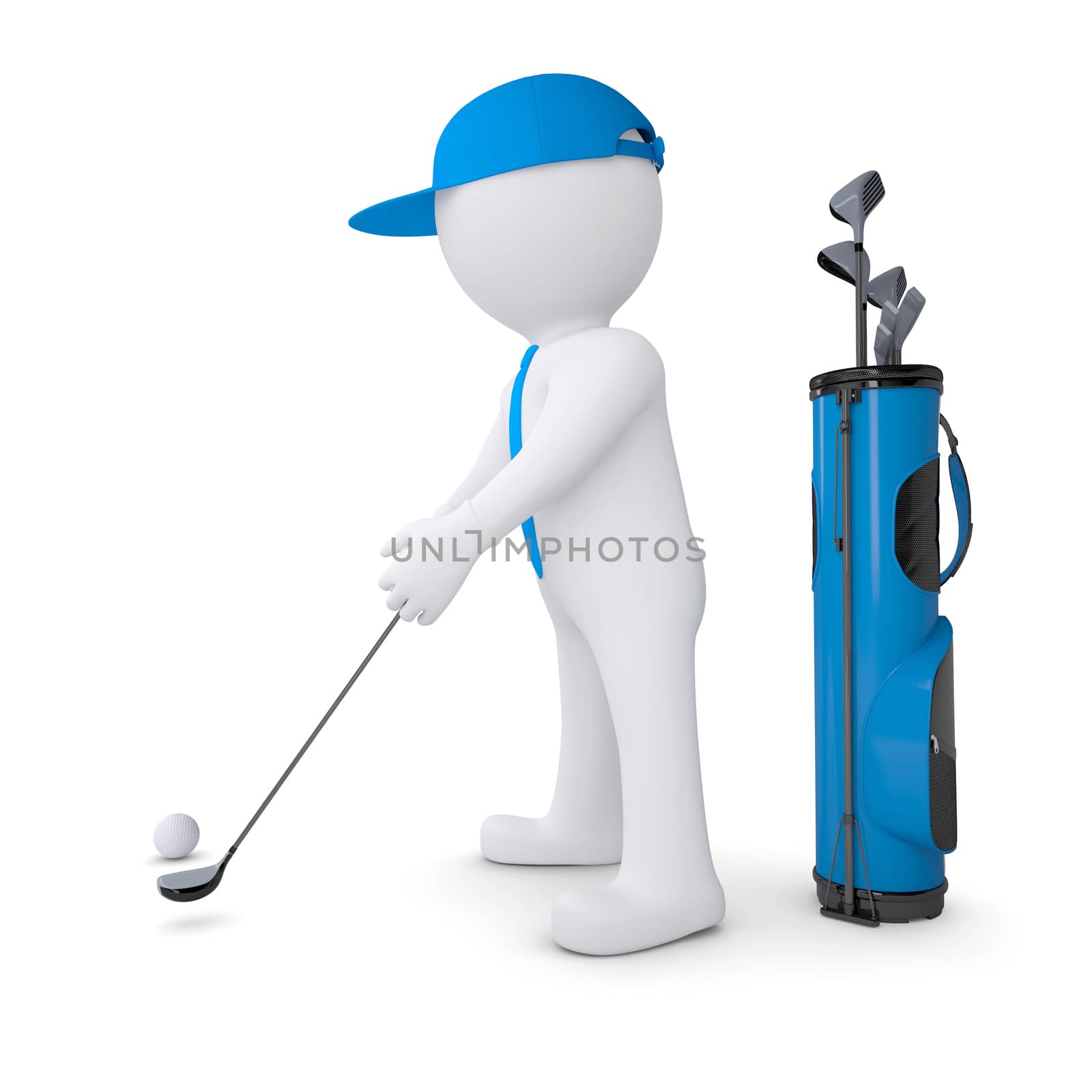 3d white man playing golf. Isolated render on a white background