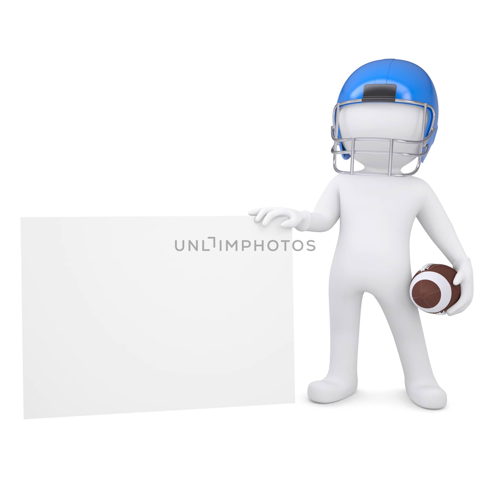 3d man in a football helmet holds a blank card. Isolated render on a white background