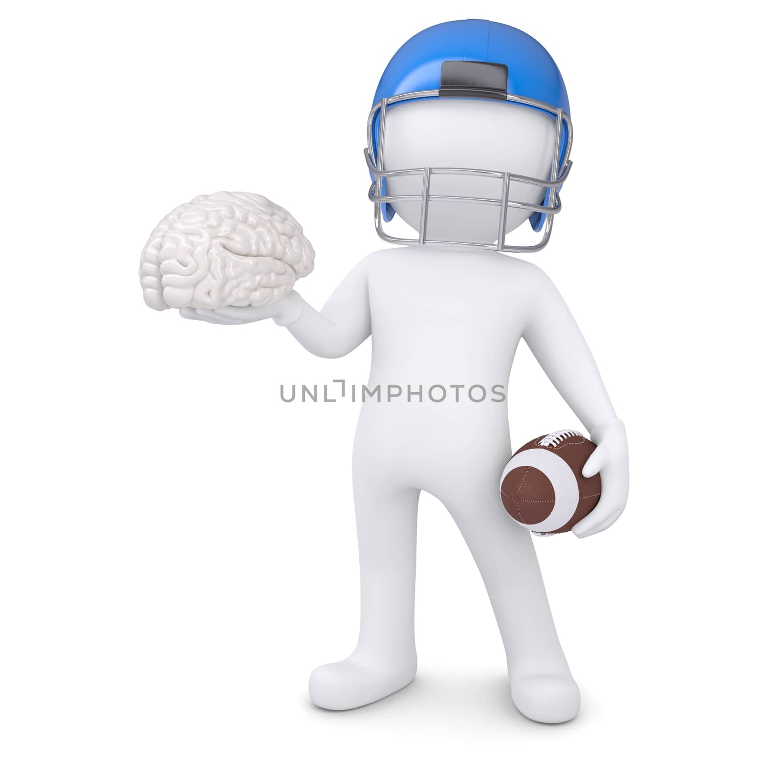 3d man in a football helmet keeps the brain. Isolated render on a white background