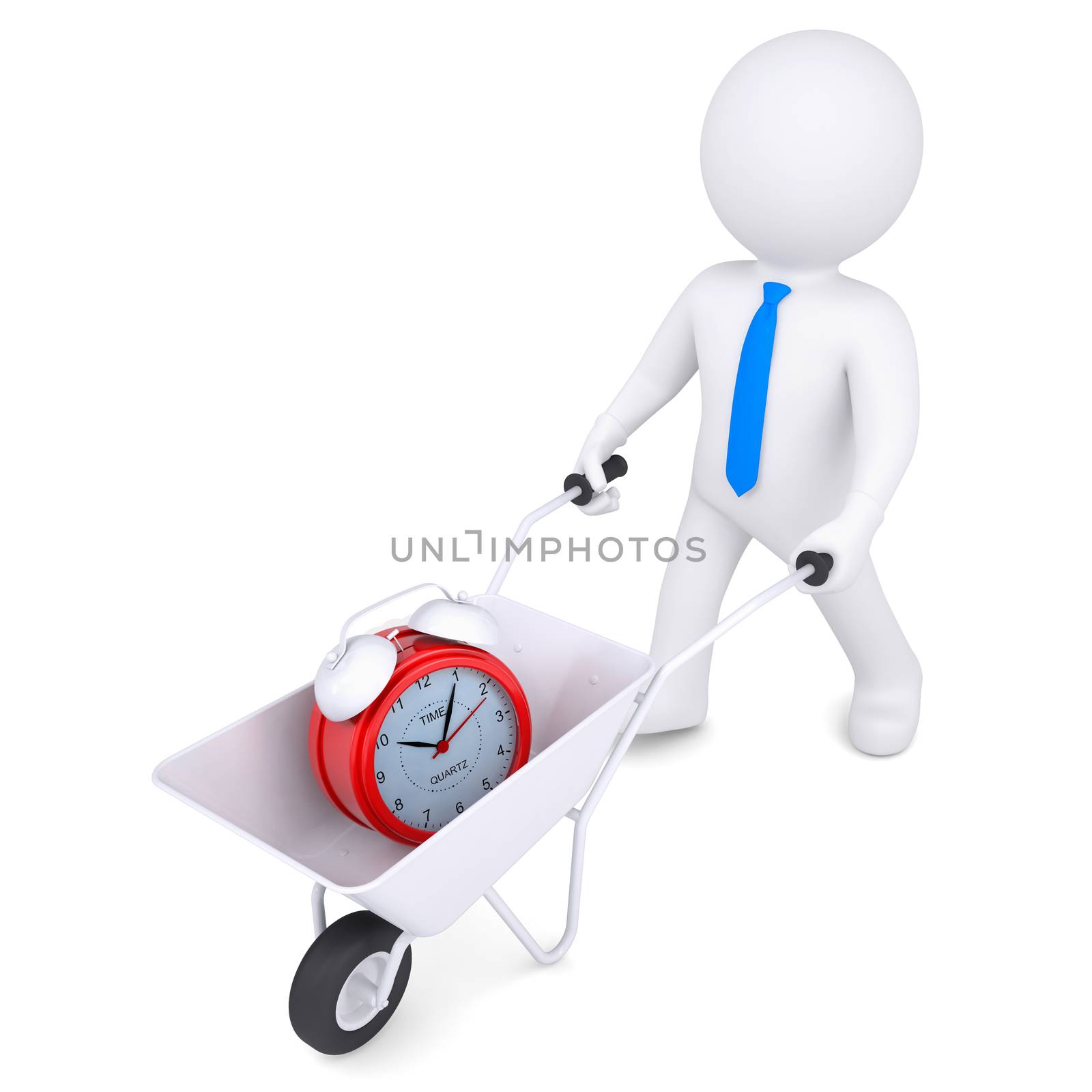 3d white man carries a wheelbarrow of alarm clock. Isolated render on a white background